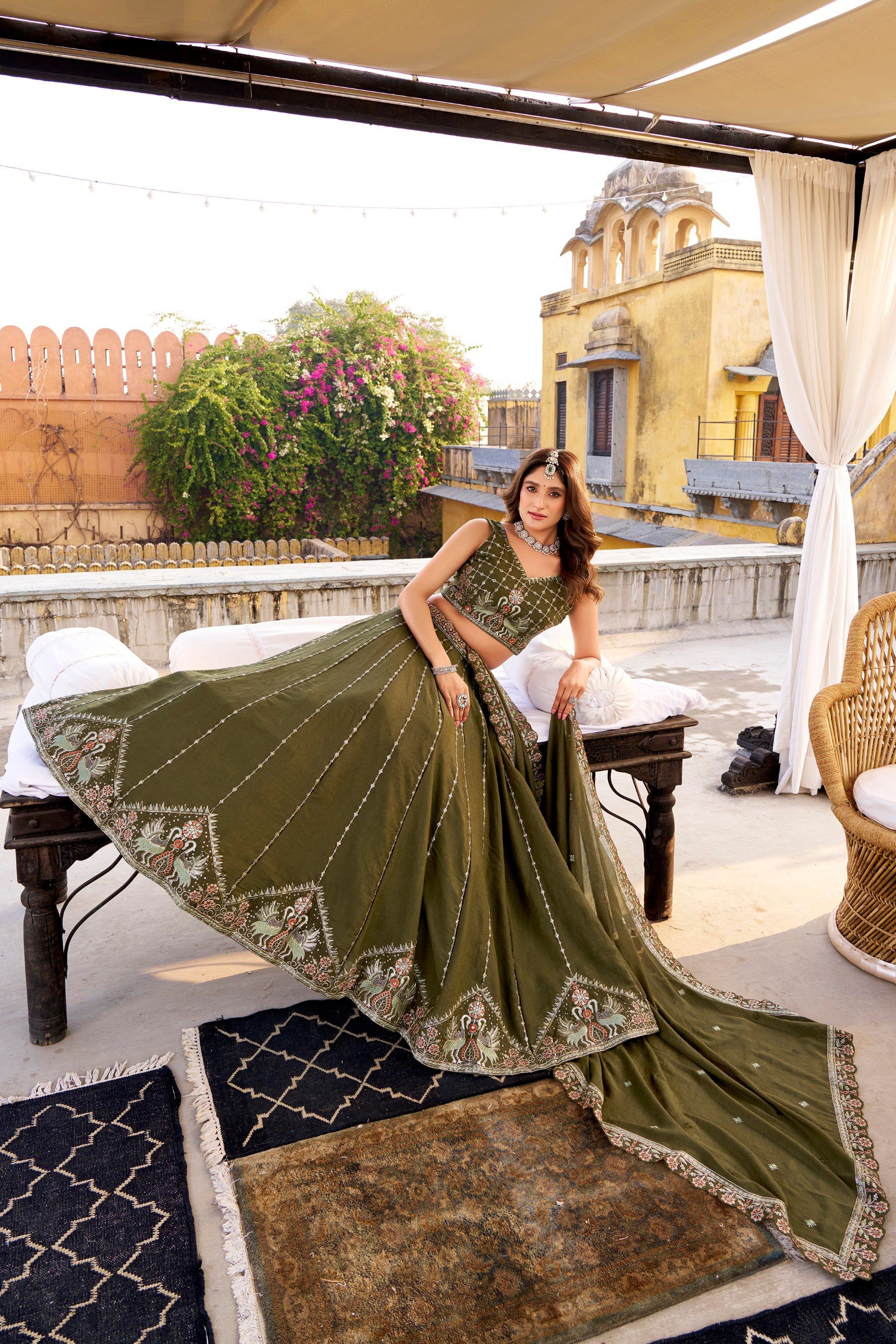 Lorenvalley Fashion Mehendi Crush Silk Sequins and Thread Embroidery Work Lehenga Choli with Dupatta