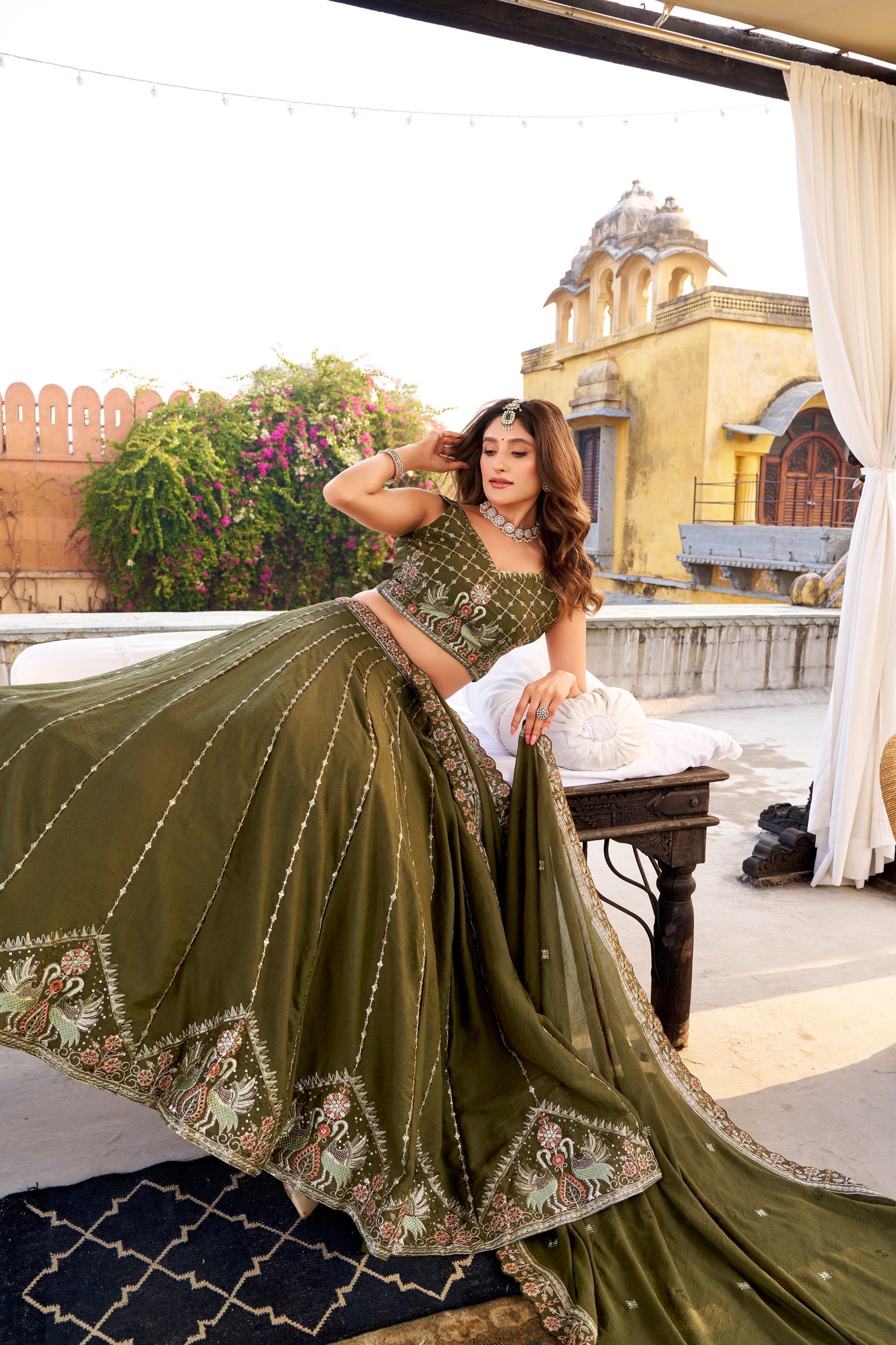 Lorenvalley Fashion Mehendi Crush Silk Sequins and Thread Embroidery Work Lehenga Choli with Dupatta