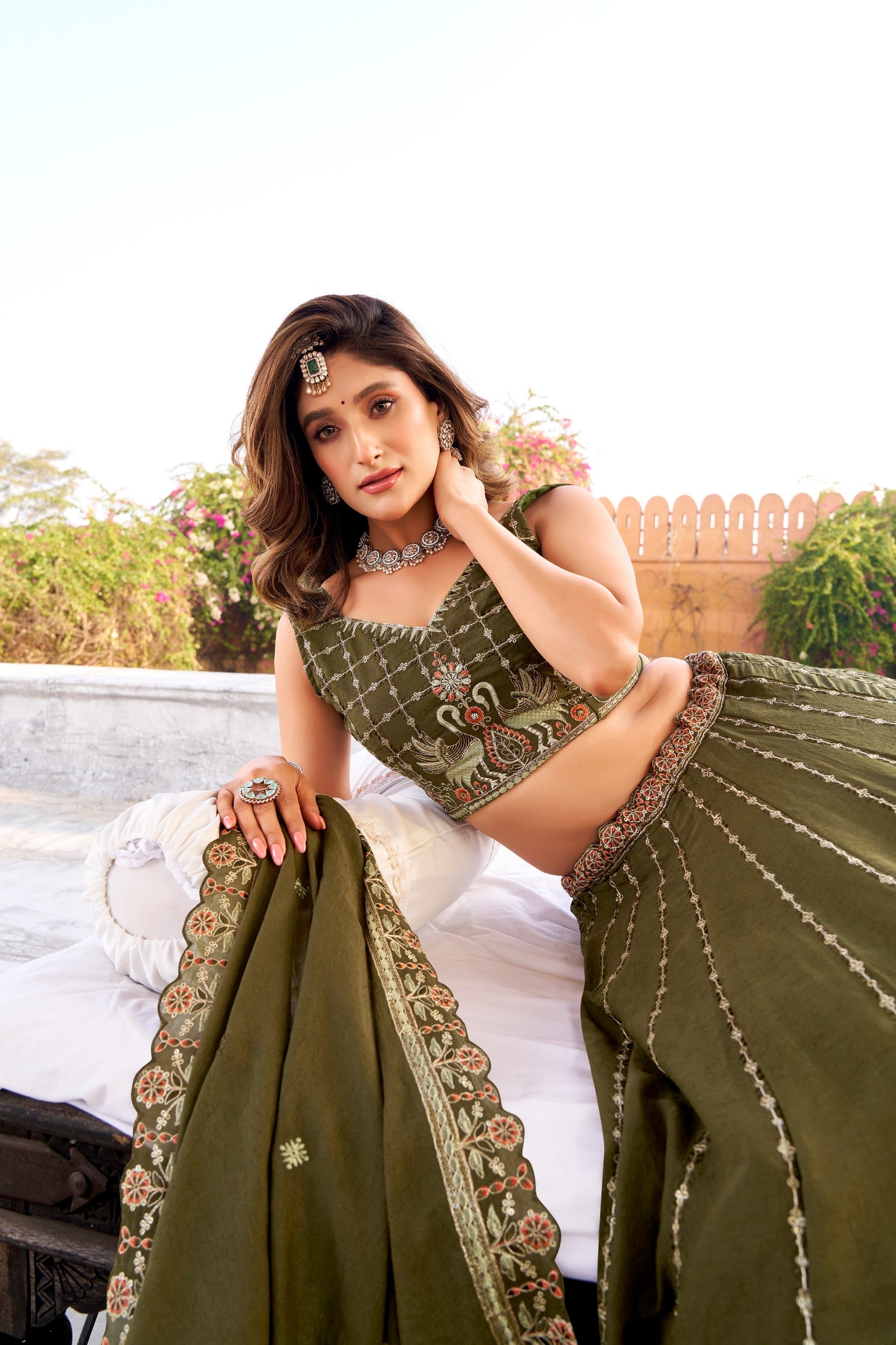 Lorenvalley Fashion Mehendi Crush Silk Sequins and Thread Embroidery Work Lehenga Choli with Dupatta