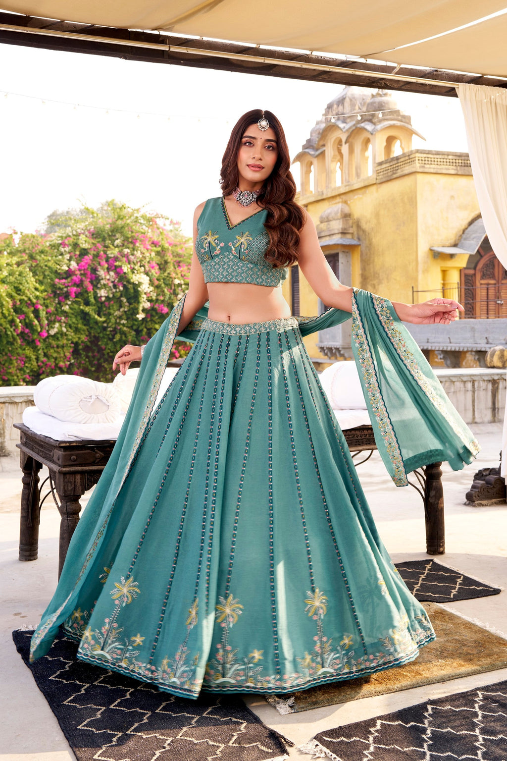 Lorenvalley Fashion Skyblue Crush Silk Sequins and Thread Embroidery Work Lehenga Choli with Dupatta