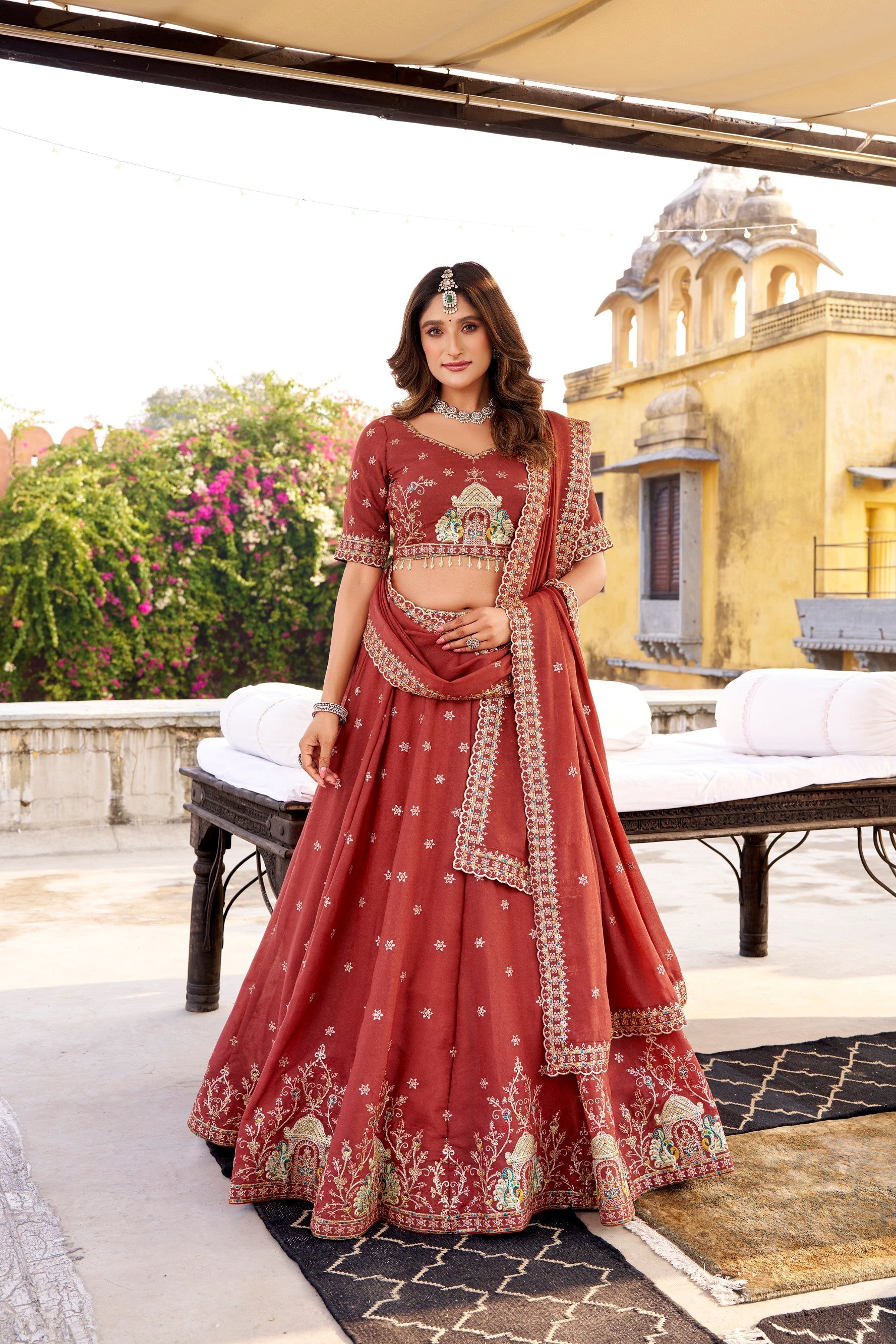 Lorenvalley Fashion Rust Crush Silk Sequins and Thread Embroidery Work Lehenga Choli with Dupatta