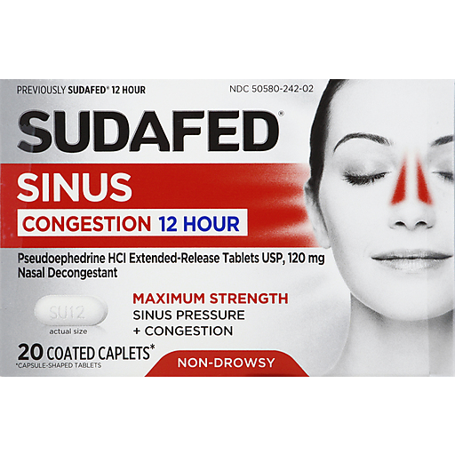 Sudafed Sinus Congestion 12 Hour Maximum Strength, 120 mg Pseudoephedrine, 20 Tablets