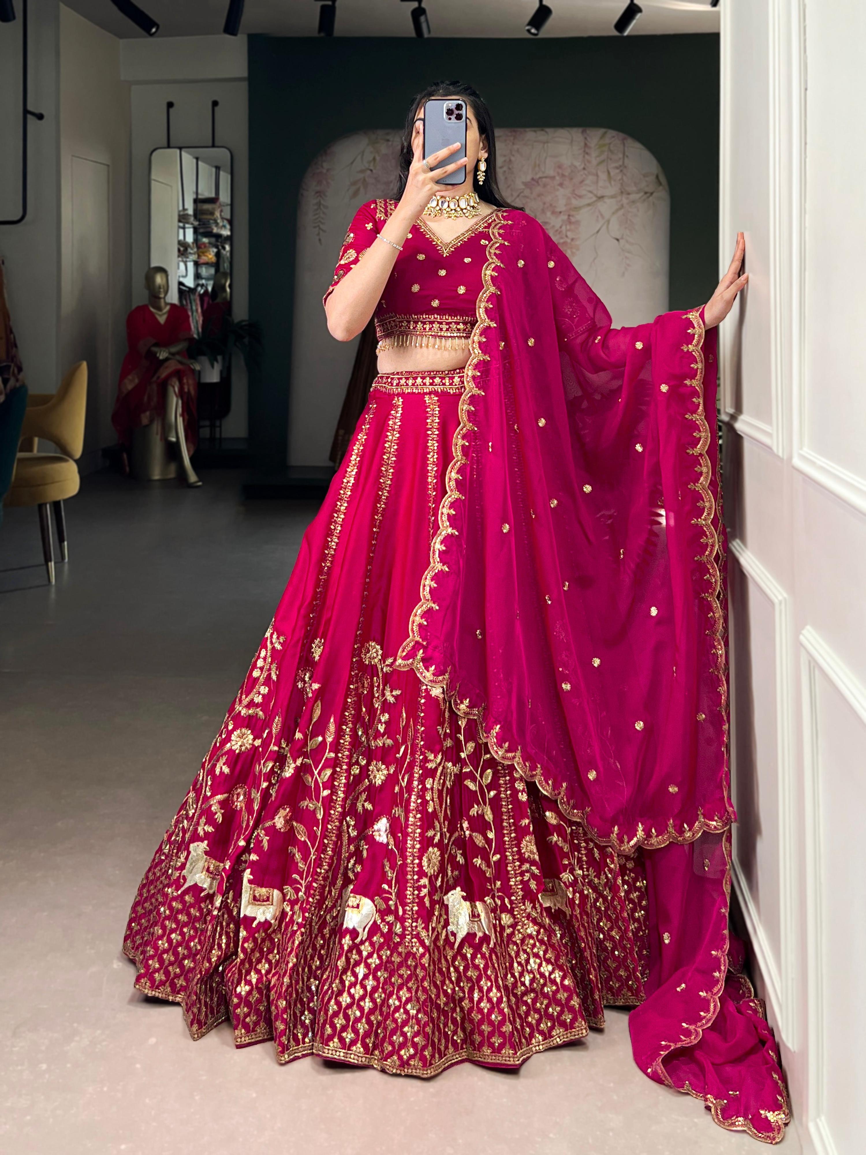 Lorenvalley Fashion Ranipink Natural Silk Sequins and Thread Embroidery Work Lehenga Choli with Dupatta