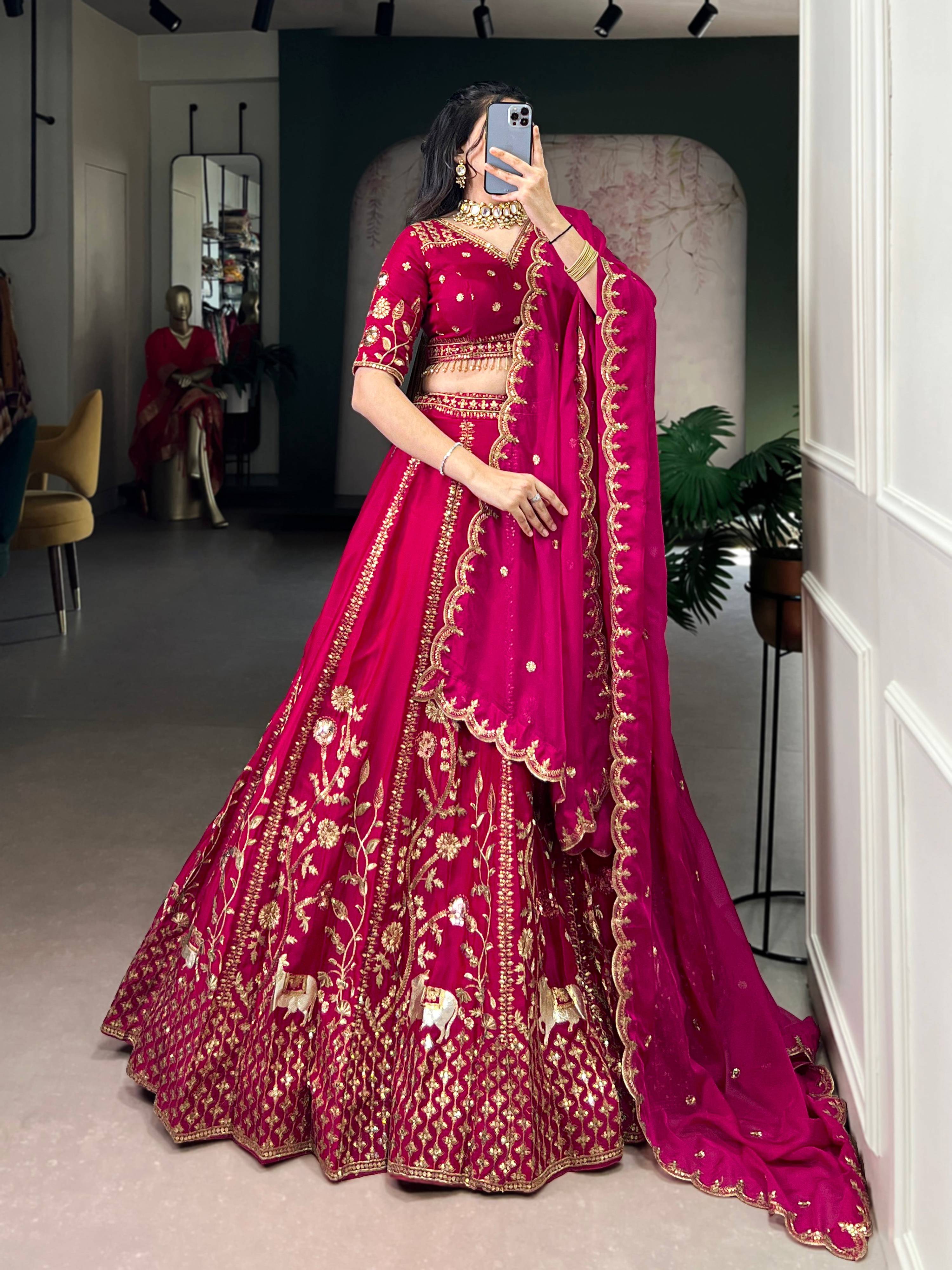 Lorenvalley Fashion Ranipink Natural Silk Sequins and Thread Embroidery Work Lehenga Choli with Dupatta
