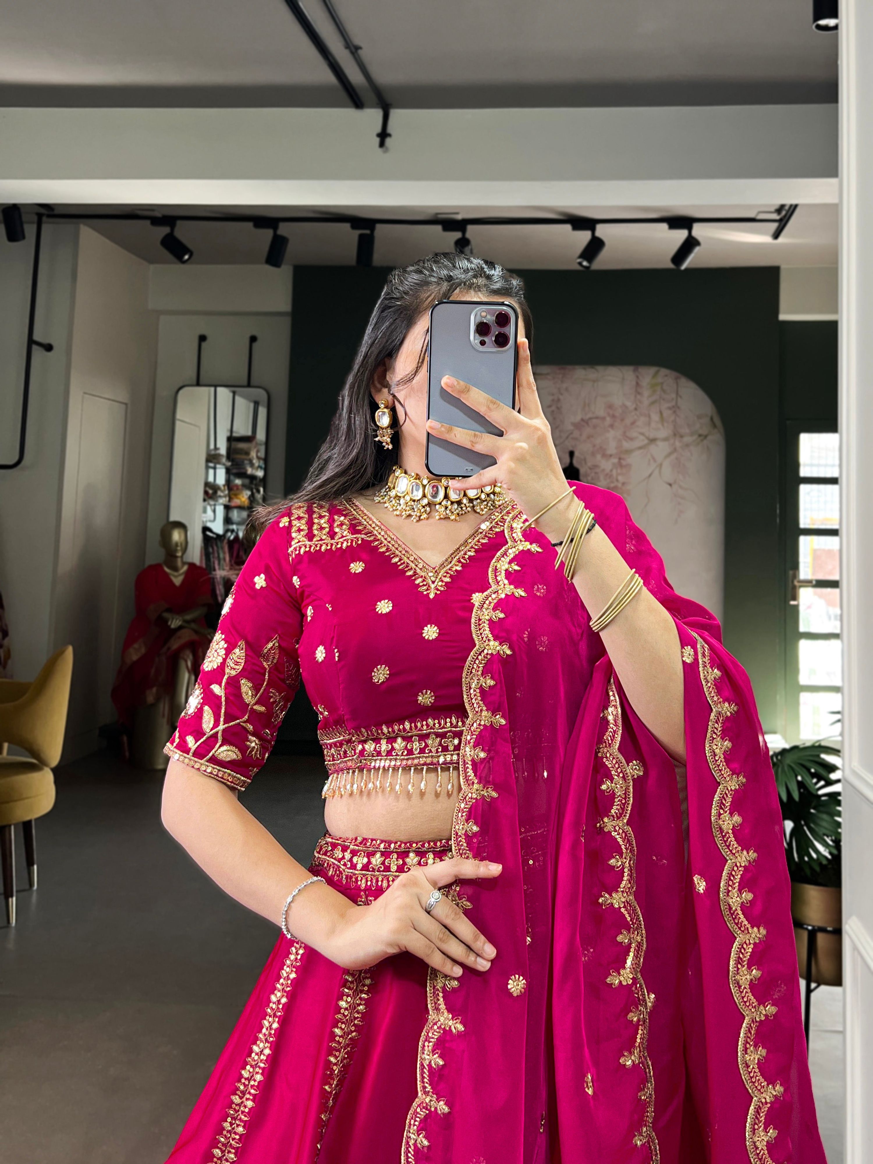 Lorenvalley Fashion Ranipink Natural Silk Sequins and Thread Embroidery Work Lehenga Choli with Dupatta