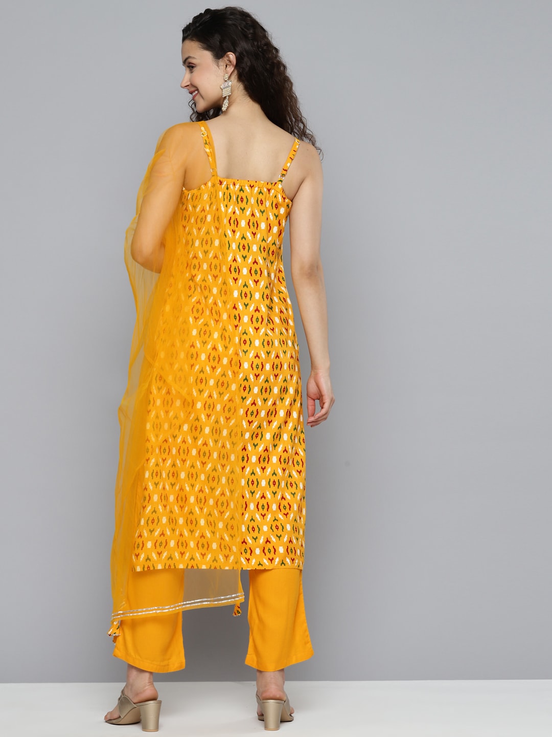 HERE&NOW Women Mustard Yellow Ethnic Motifs Printed Kurta with Trousers & With Dupatta