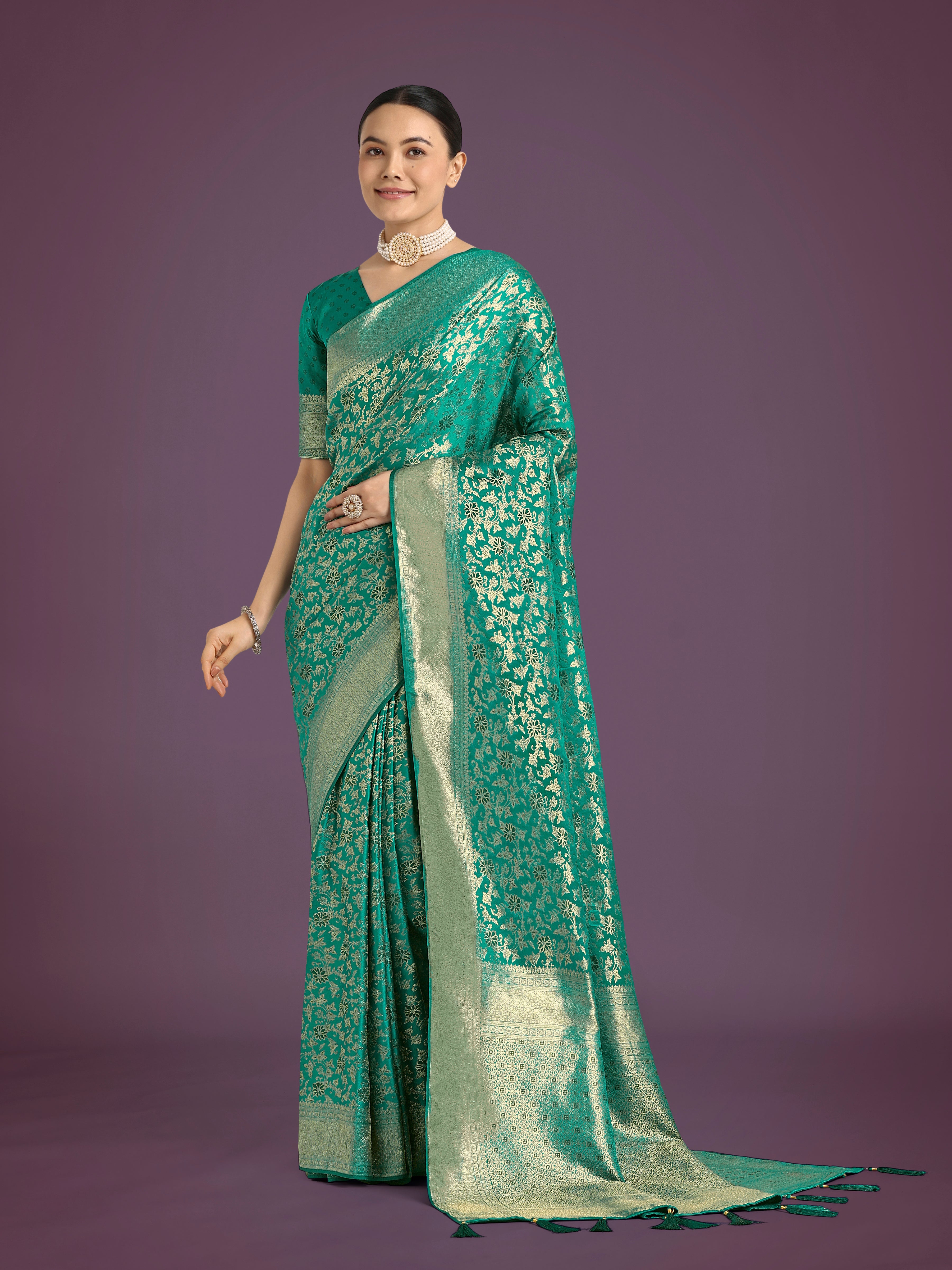Monjolika Fashion Scintilla Turquoise Banarasi Satin Silk Meenakari zari weaving Pattern Saree