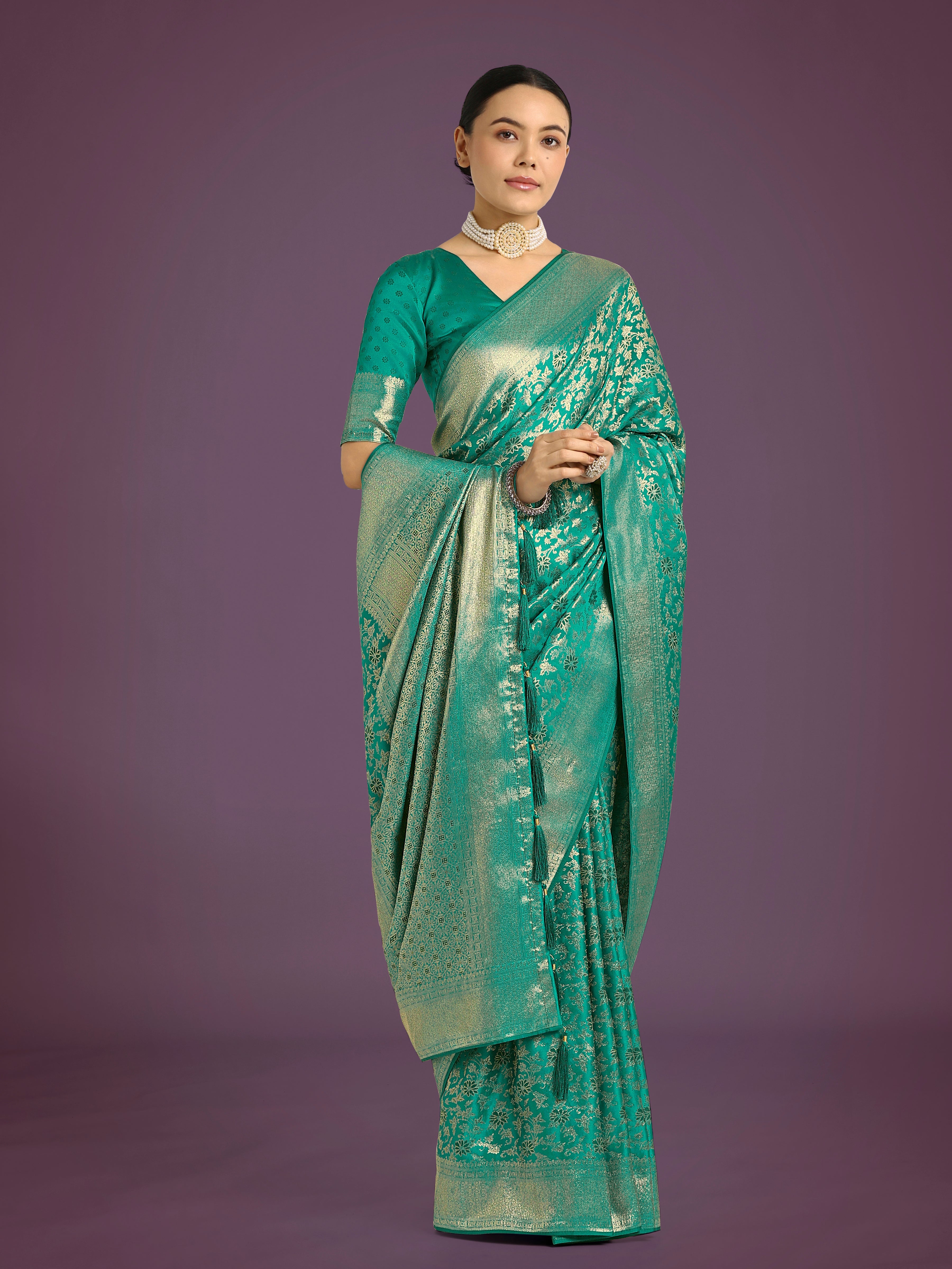 Monjolika Fashion Scintilla Turquoise Banarasi Satin Silk Meenakari zari weaving Pattern Saree
