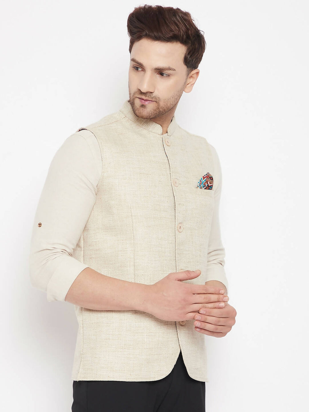 Even Apparels Beige Linen Men Woven Nehru Jacket
