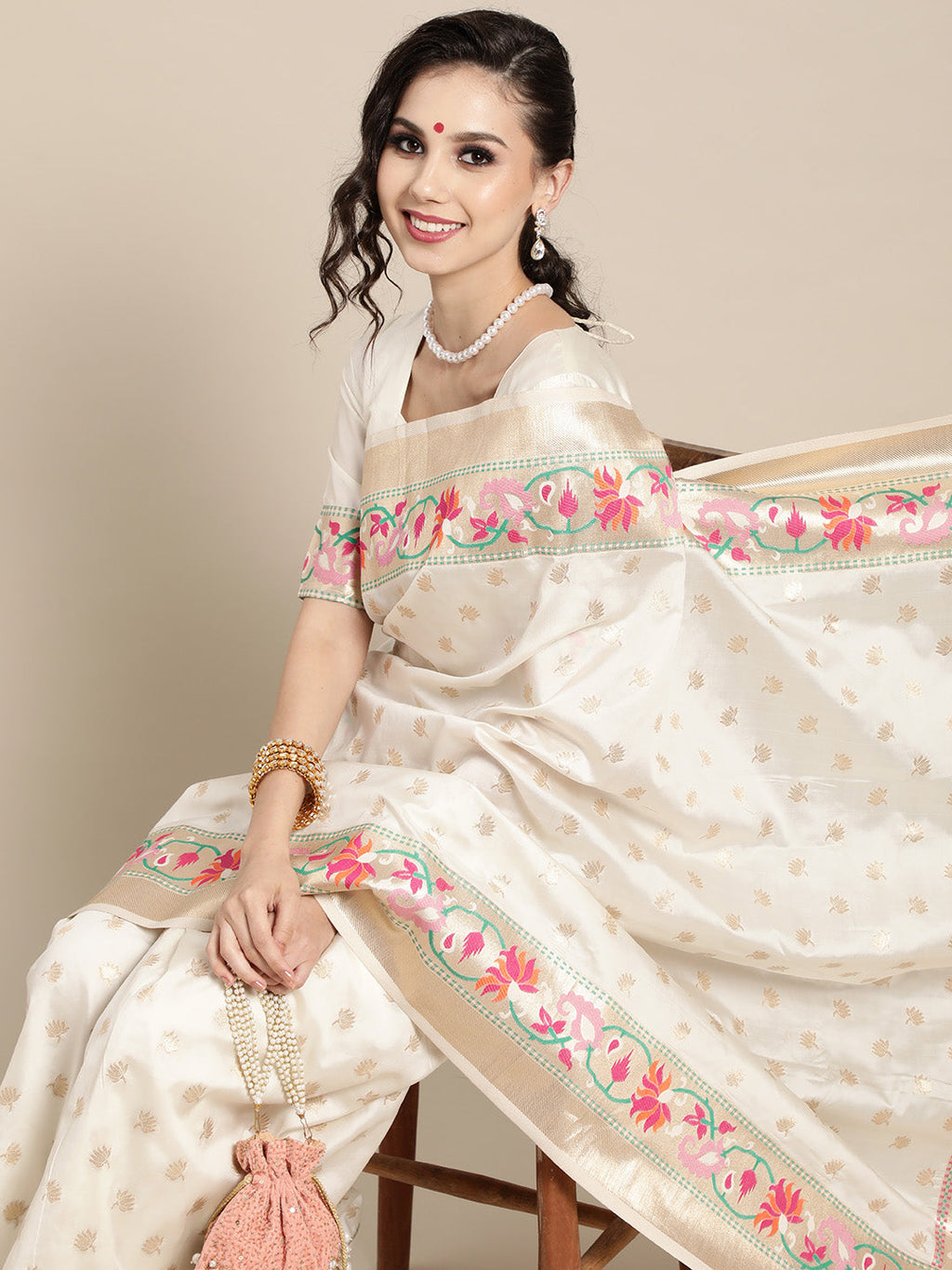 Saree Mall Off White & Golden Woven Design Banarasi Saree