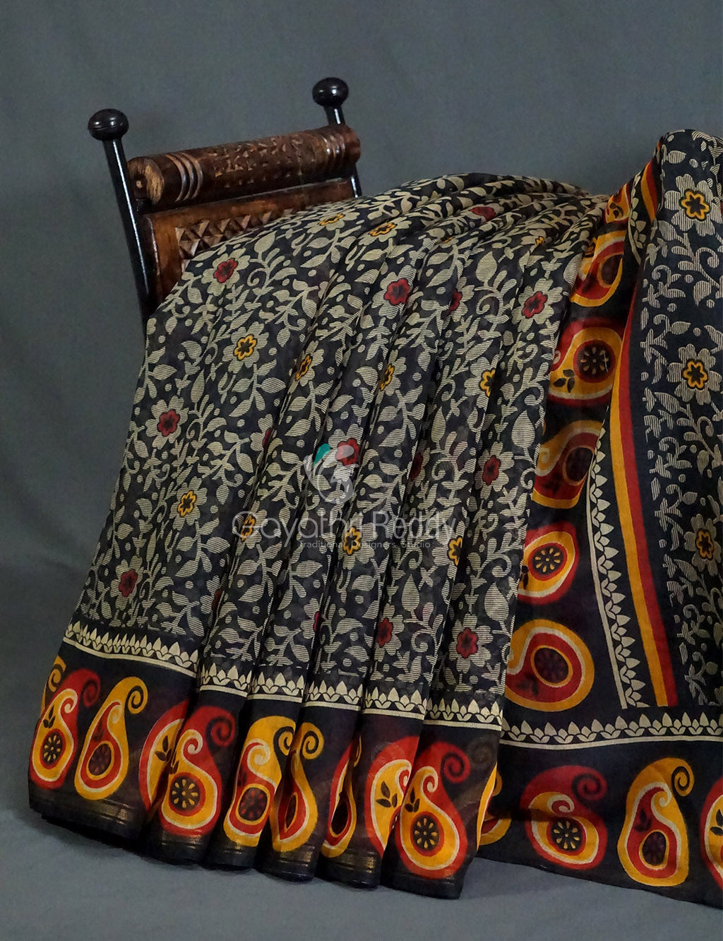 Black Coloured Floral Print Semi Chanderi Saree By Gayathri Reddy Designer Studio