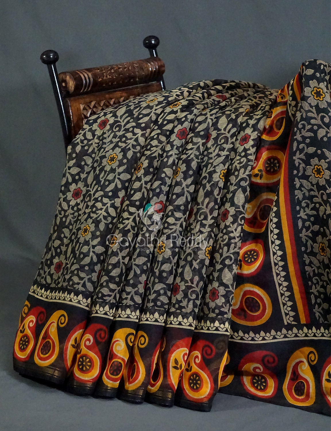 Black Coloured Floral Print Semi Chanderi Saree By Gayathri Reddy Designer Studio