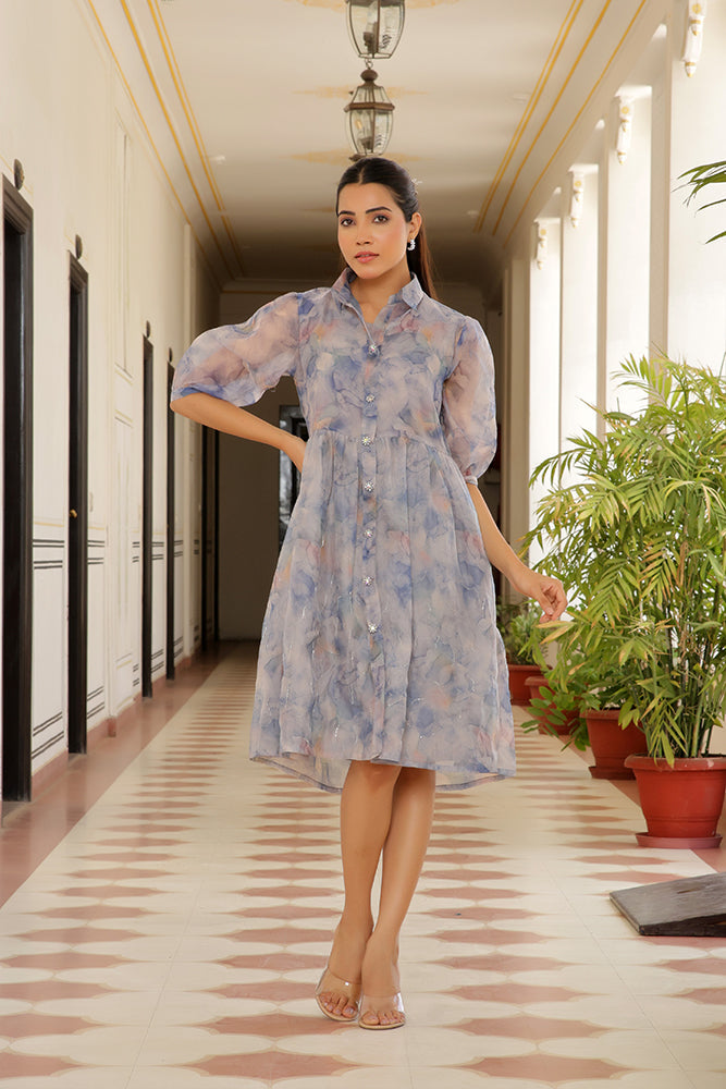 Vaasva Women Sky Blue Organza Marble Printed Dress