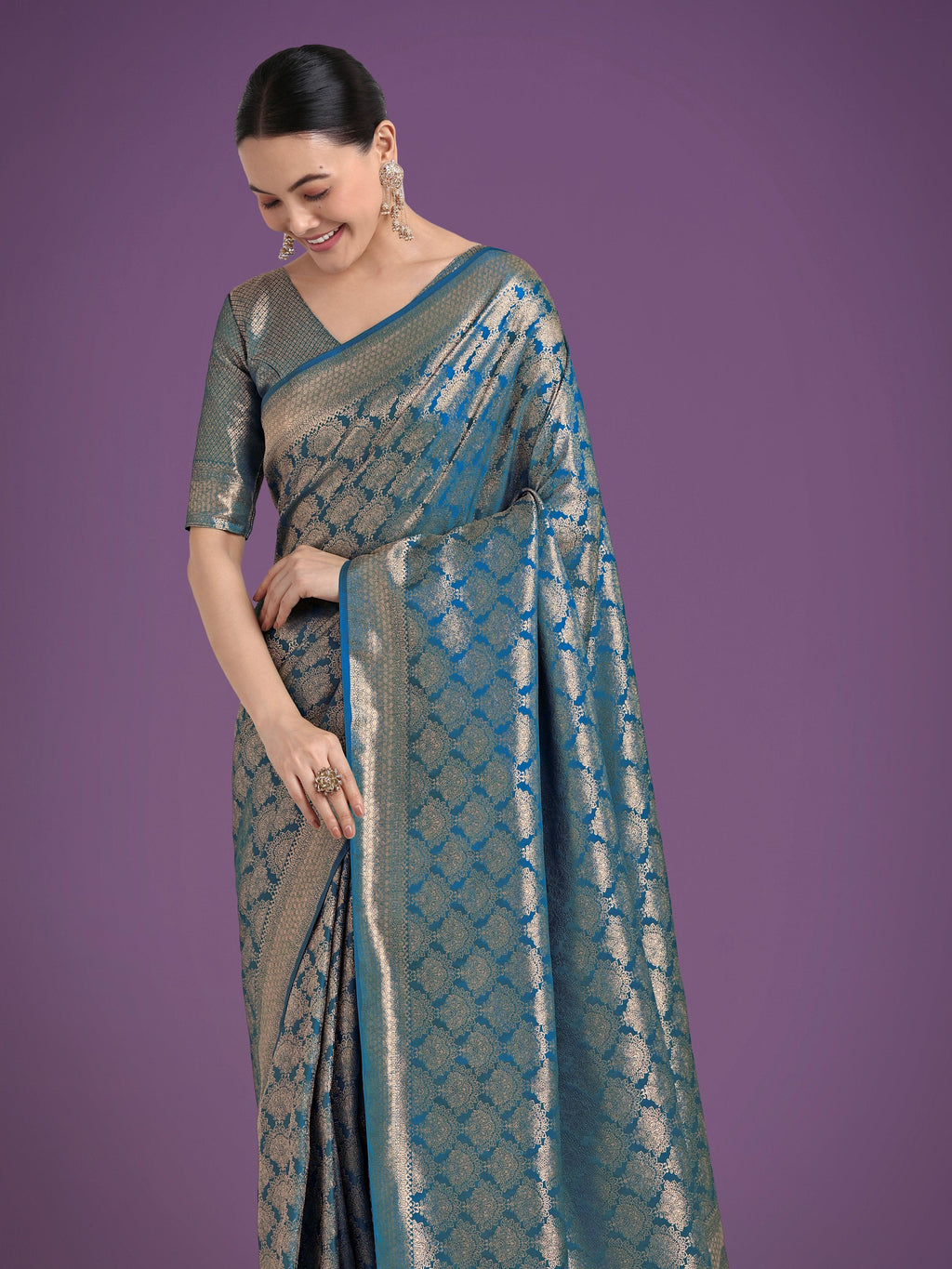 Monjolika Fashion Flattering Cyan blue Banarasi Satin Silk Zari Weaving Work Designer Saree