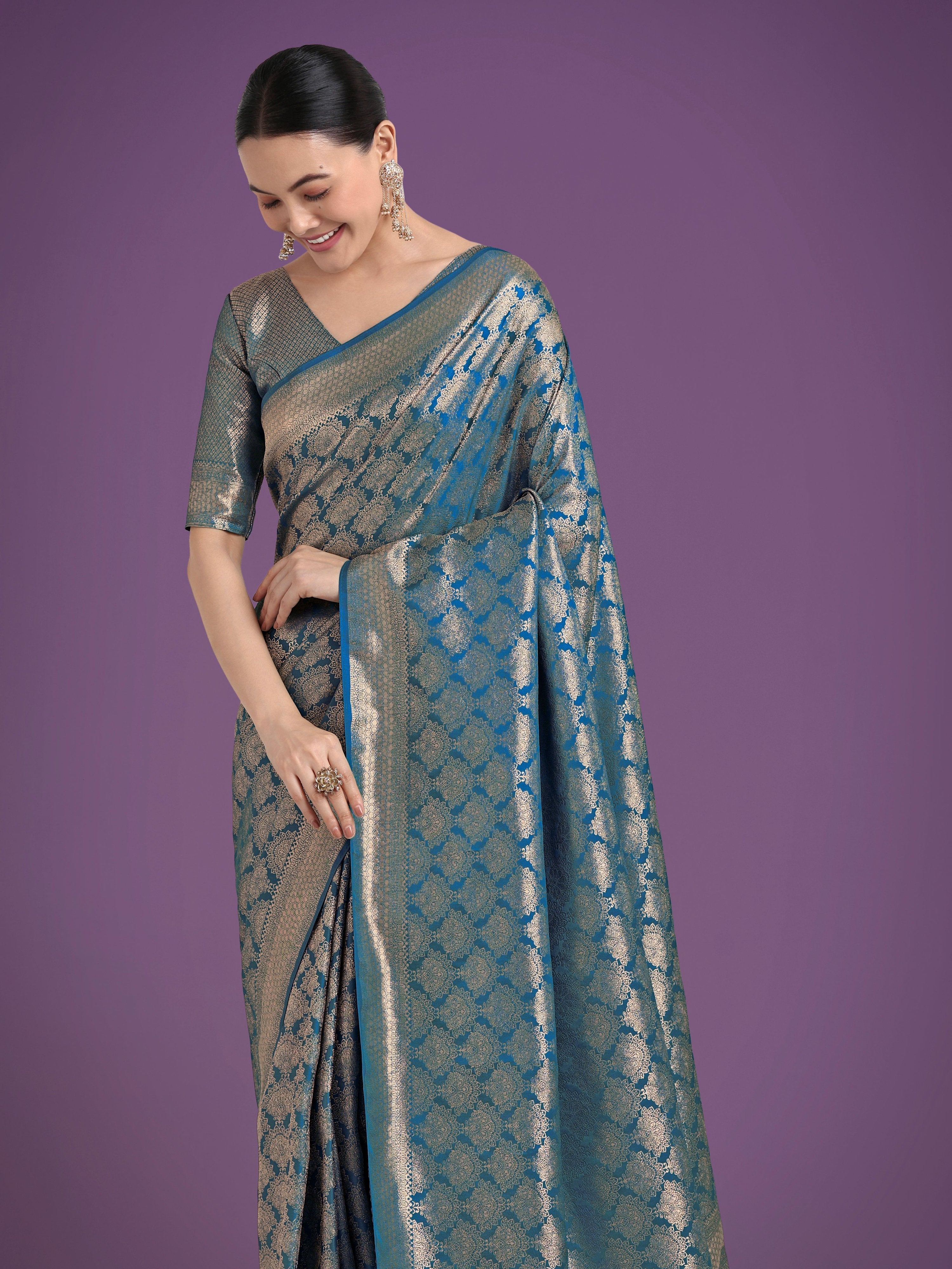 Monjolika Fashion Flattering Cyan blue Banarasi Satin Silk Zari Weaving Work Designer Saree