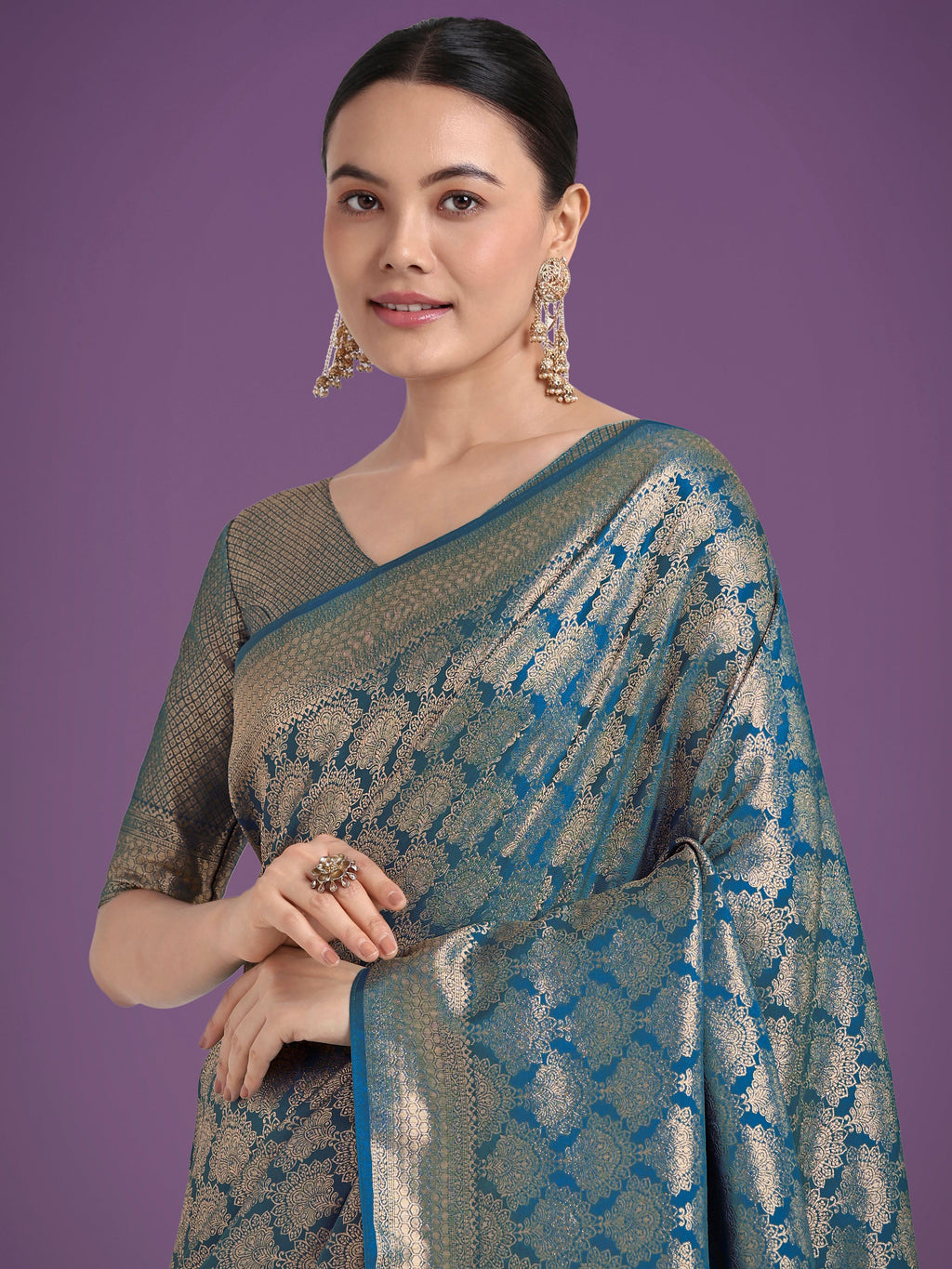 Monjolika Fashion Flattering Cyan blue Banarasi Satin Silk Zari Weaving Work Designer Saree