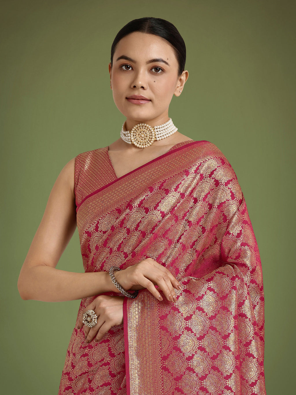 Monjolika Fashion Flattering Dark Pink Banarasi Satin Silk Zari Weaving Work Designer Saree