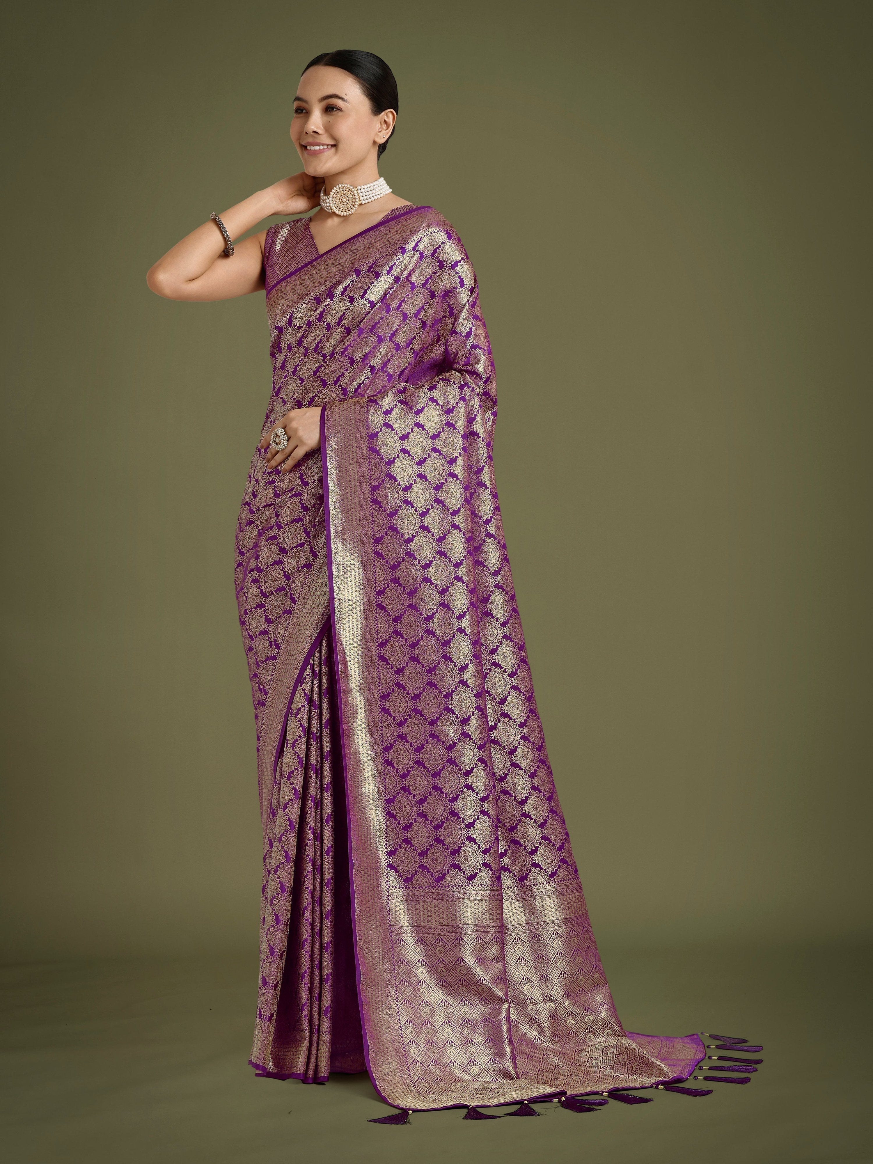Monjolika Fashion Flattering Purple Banarasi Satin Silk Zari Weaving Work Designer Saree