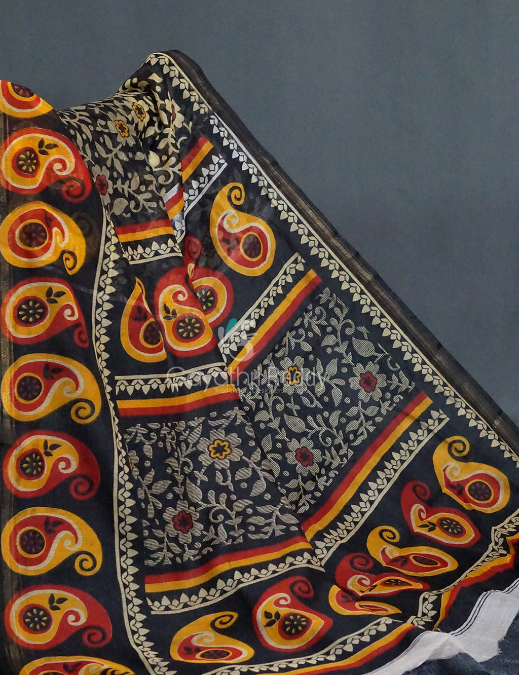 Black Coloured Floral Print Semi Chanderi Saree By Gayathri Reddy Designer Studio