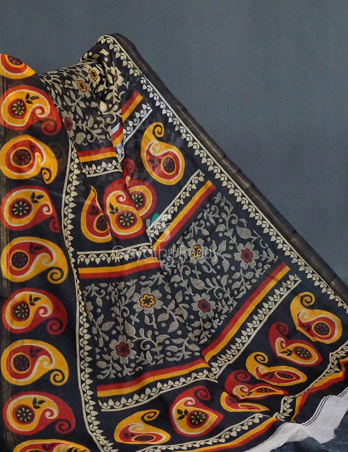 Black Coloured Floral Print Semi Chanderi Saree By Gayathri Reddy Designer Studio