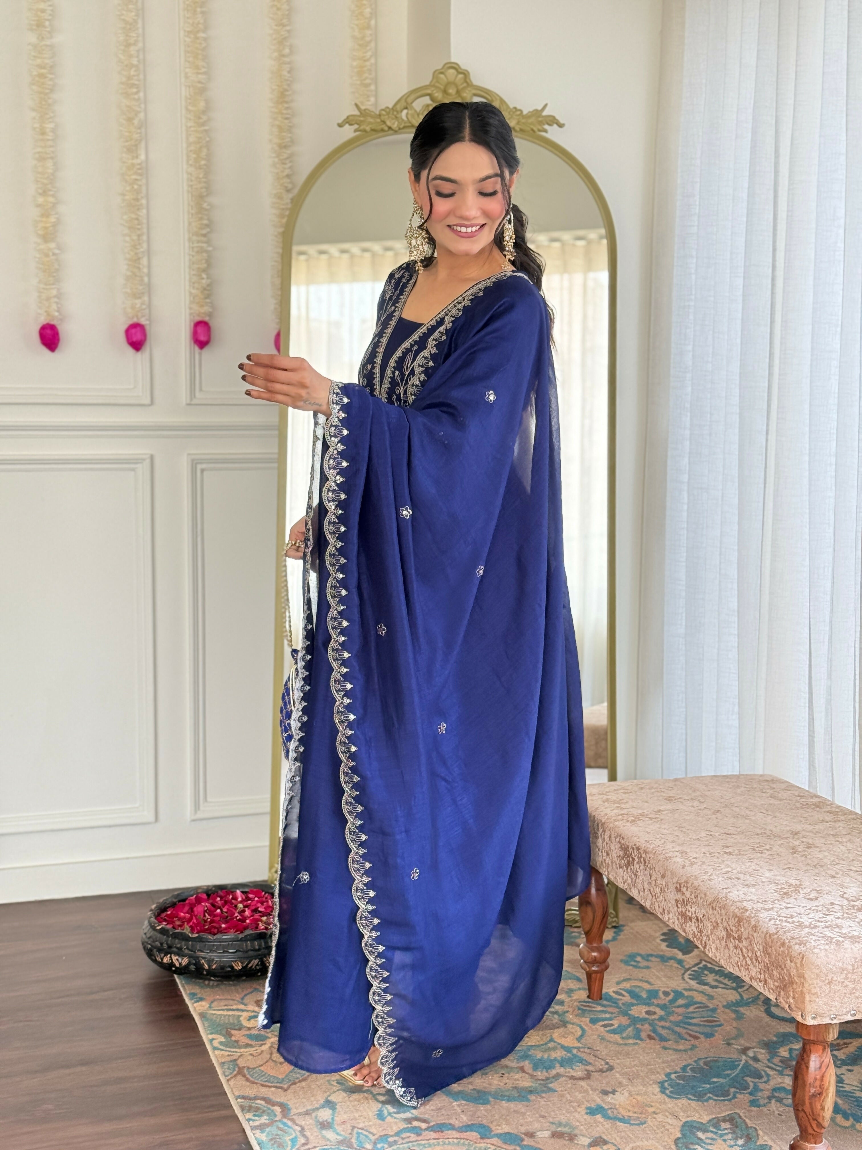 The52 Blue Women's Beautiful Embroidered Vichitra Silk Fabric with Flared Kurta, Pant and Dupatta Set