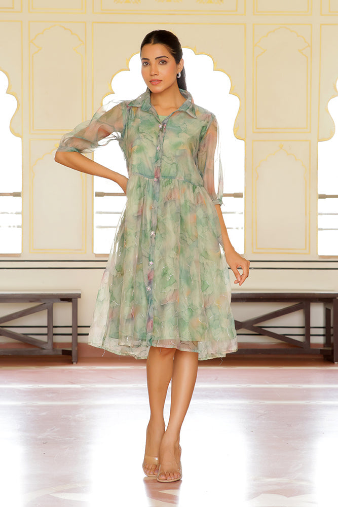 Vaasva Women Green Organza Marble Printed Dress