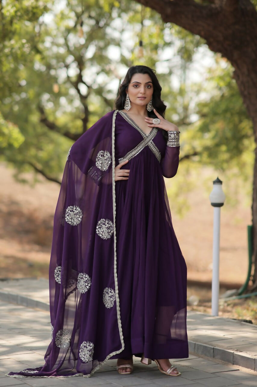 Vastranavya Faux Blooming with Embroidery Zari Sequins-work Gown with Dupatta - Purple