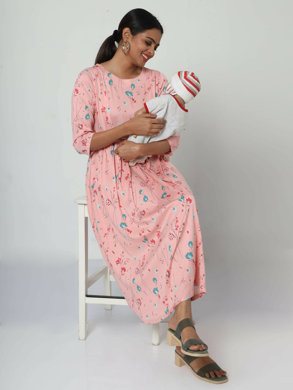Manet Three Fourth Maternity Dress Floral Print With Concealed Zipper Nursing Access - Peach