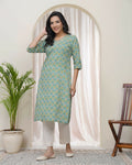 Vaasva Women Aqua Cotton Printed Straight Kurti With Pant