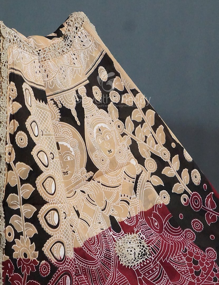Black And Beige Combo Colour Pichwai Print Crocia Mulmul Cotton Saree By Gayathri Reddy Designer Studio