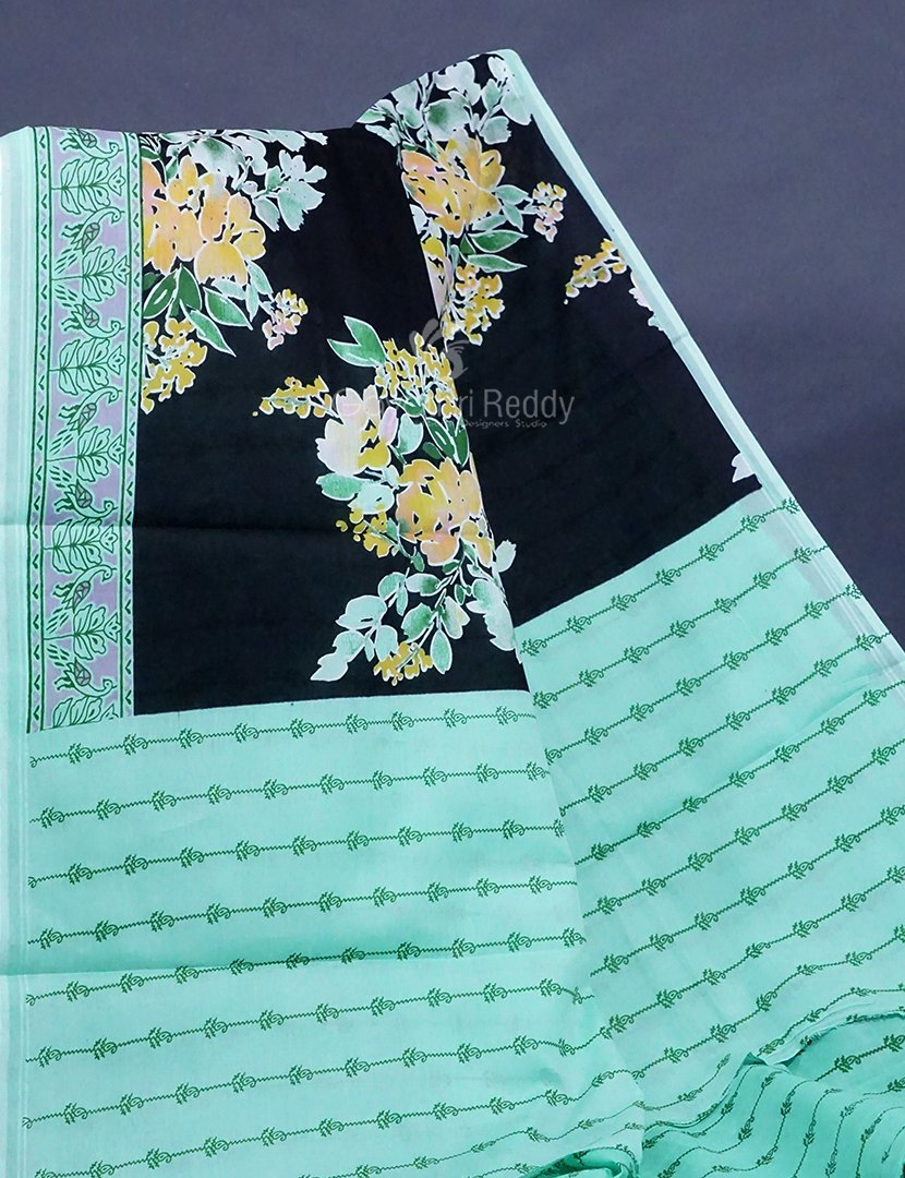 Black Colour Block Print Pure Mulmul Cotton Saree By Gayathri Reddy Designer Studio