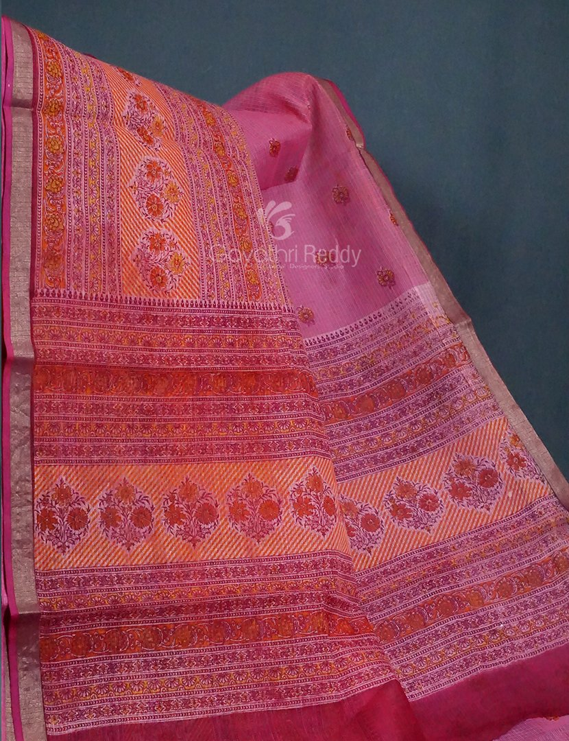 Light Pink And Rose Pink Colour Block Print Pure Kota Cotton Saree By Gayathri Reddy Designer Studio
