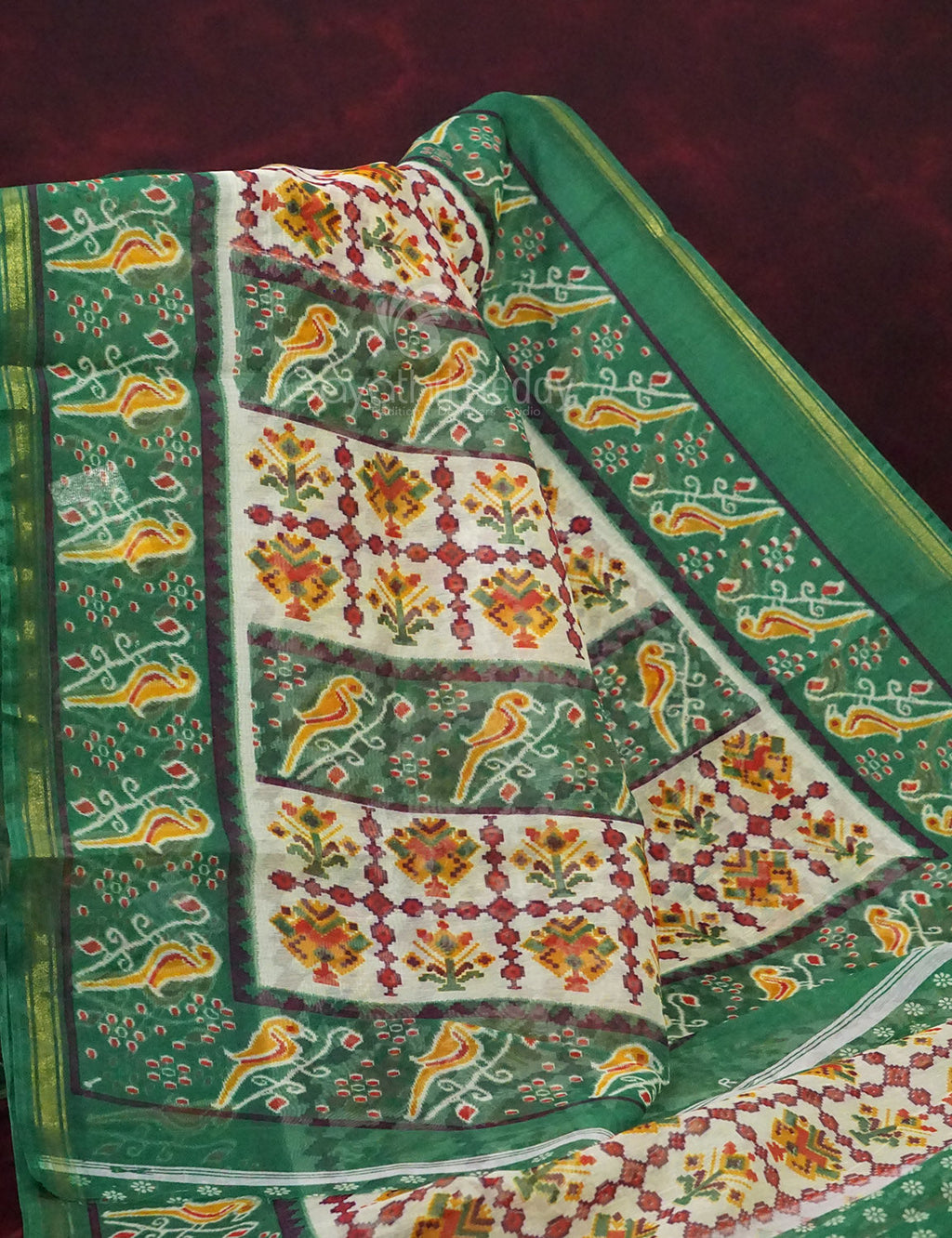 Shades of Off White And Mango Green Colour Patan Patola Semi Chanderi Saree By Gayathri Reddy Designer Studio