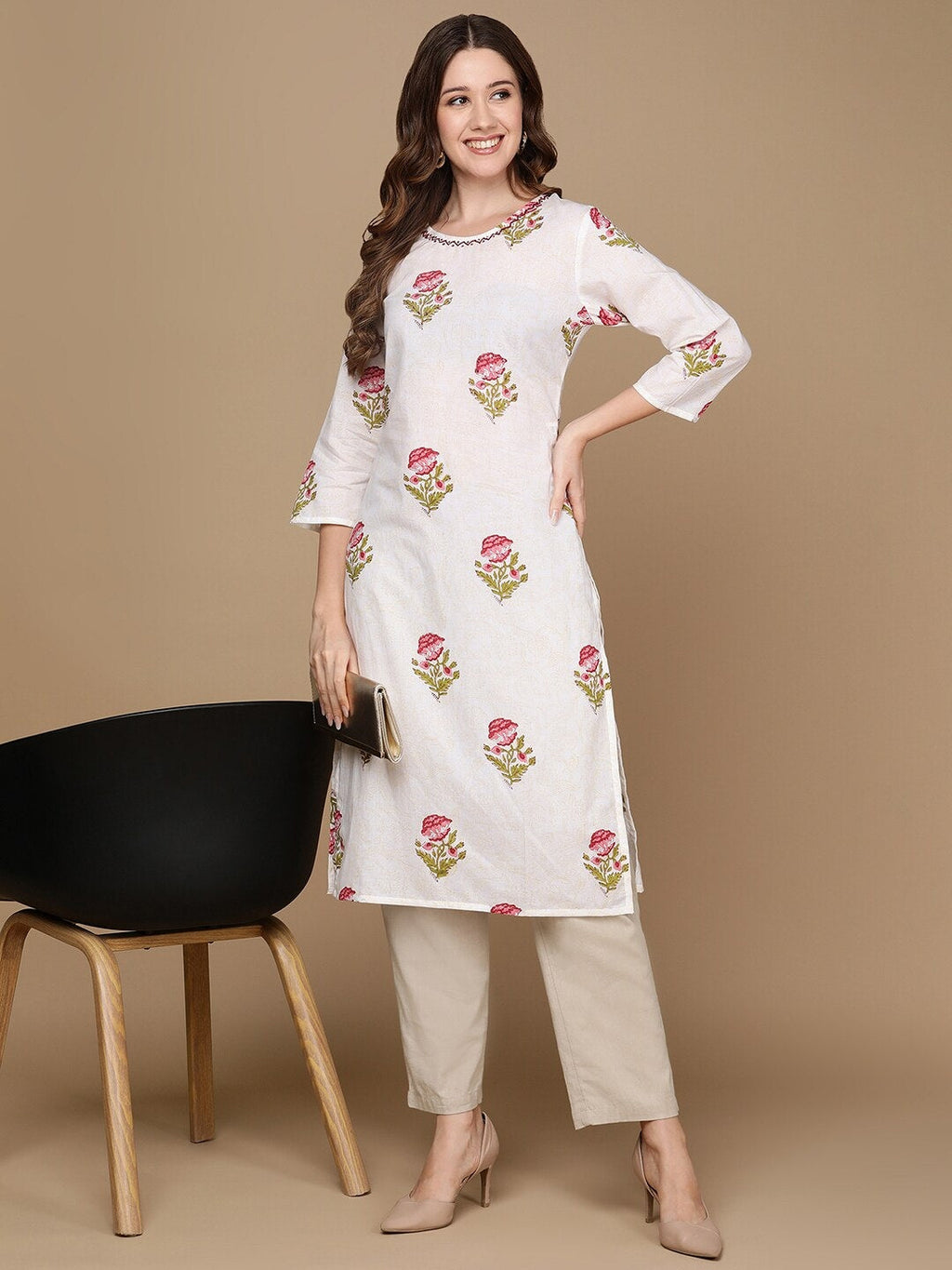 HERE&NOW White & Pink Floral Printed Pure Cotton Kurta