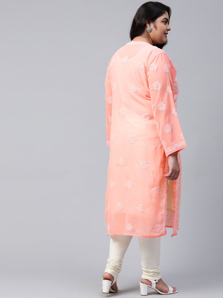 ADA Ada Women Plus Size Peach-Coloured & White Ethnic Motifs Chikankari Georgette Handloom Kurta