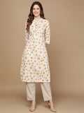 HERE&NOW Off White & Mustard Yellow Floral Printed Thread Work Sequinned Cotton Kurta