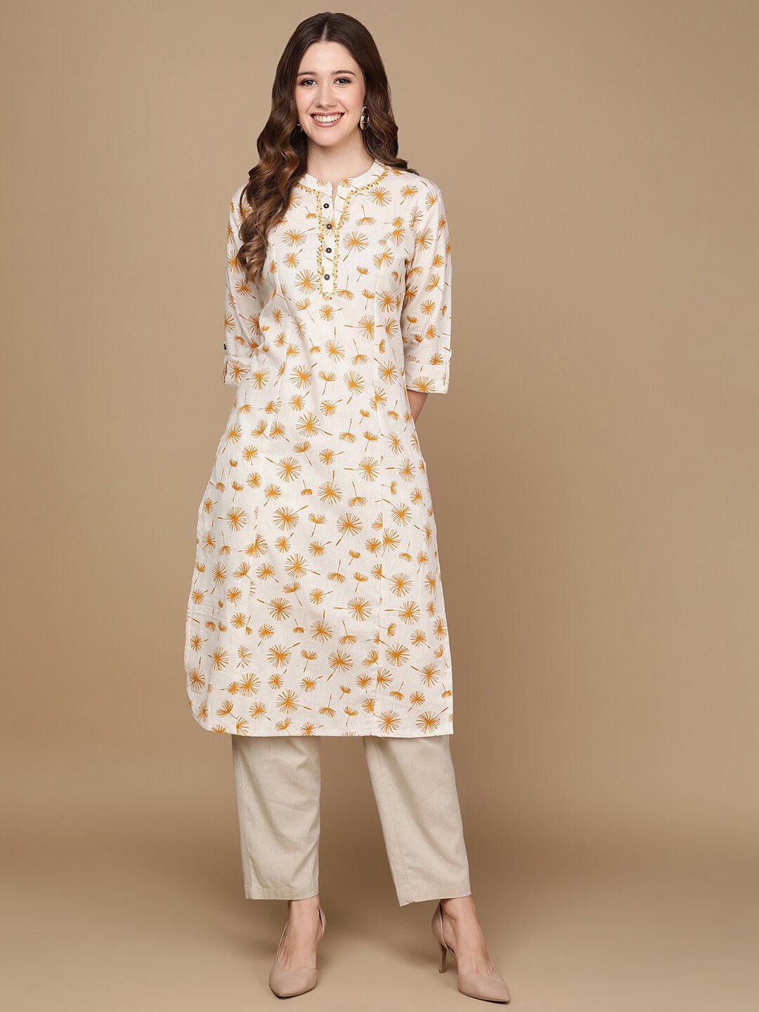 HERE&NOW Off White & Mustard Yellow Floral Printed Thread Work Sequinned Cotton Kurta