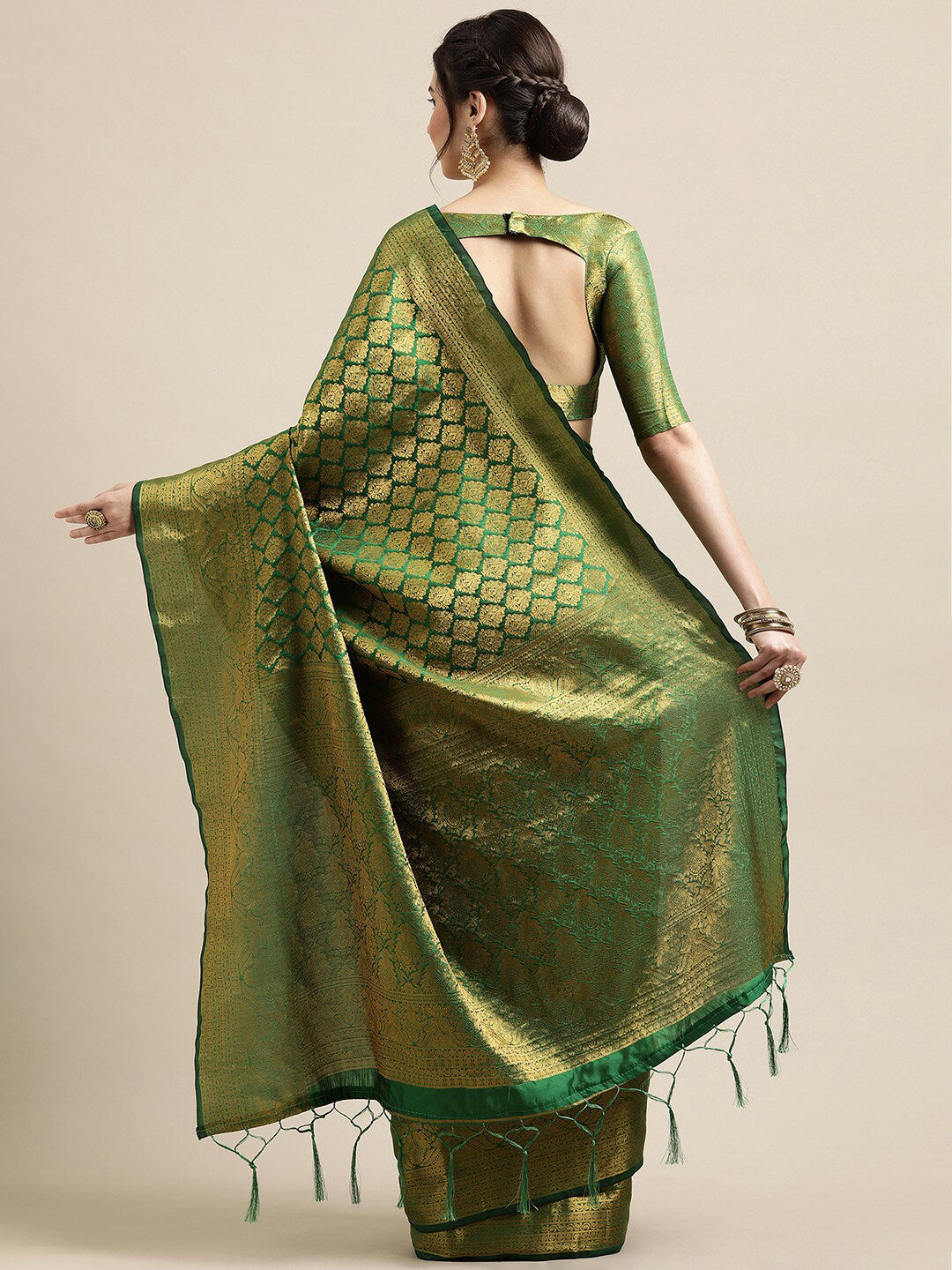 Saree Mall Green & Gold-Toned Woven Design Zari Silk Blend Banarasi Saree
