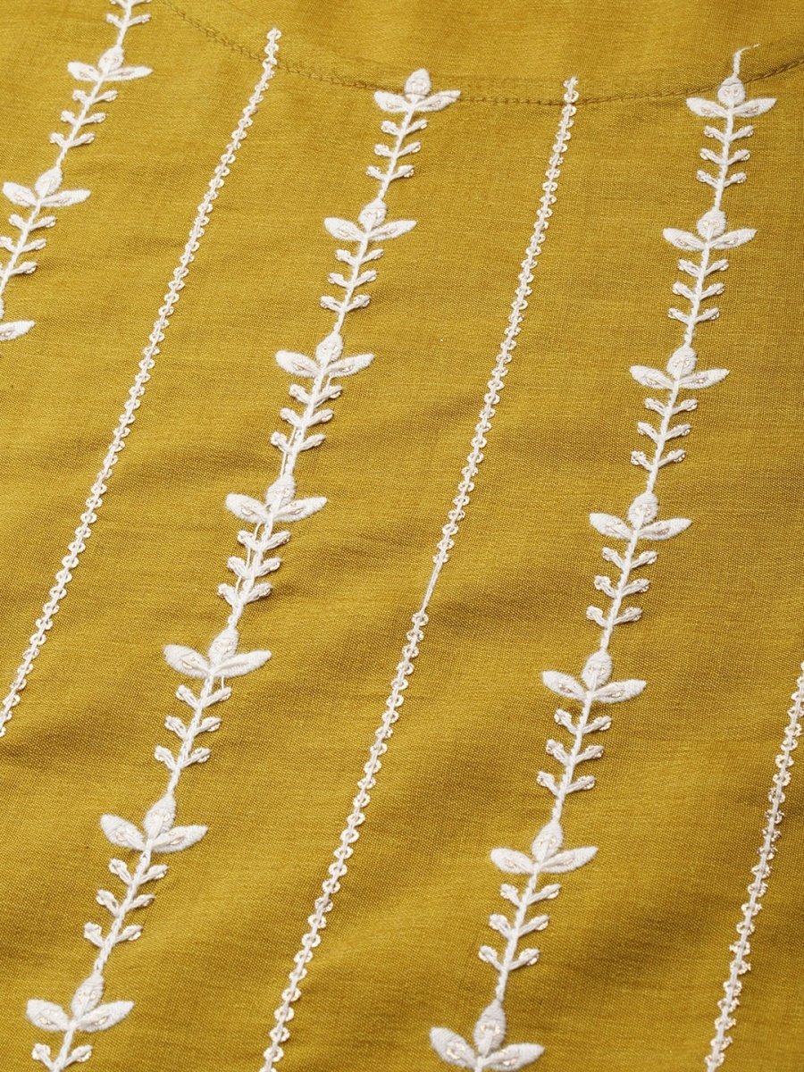 All About You Women Mustard Yellow Floral Embroidered Thread Work Kurta with Trousers