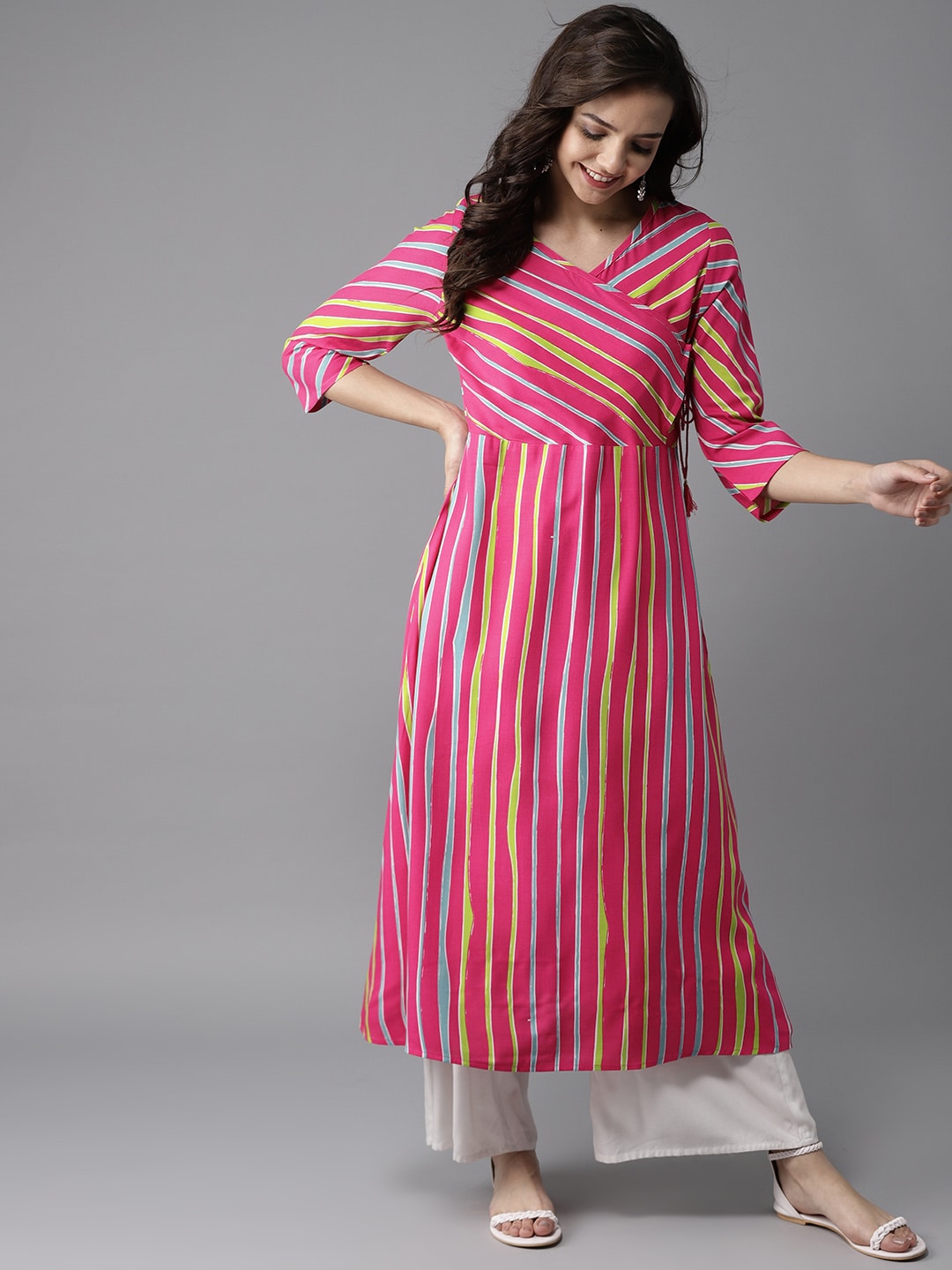 HERE&NOW Women Stripes & Tie-Up A-Line Viscose Kurta
