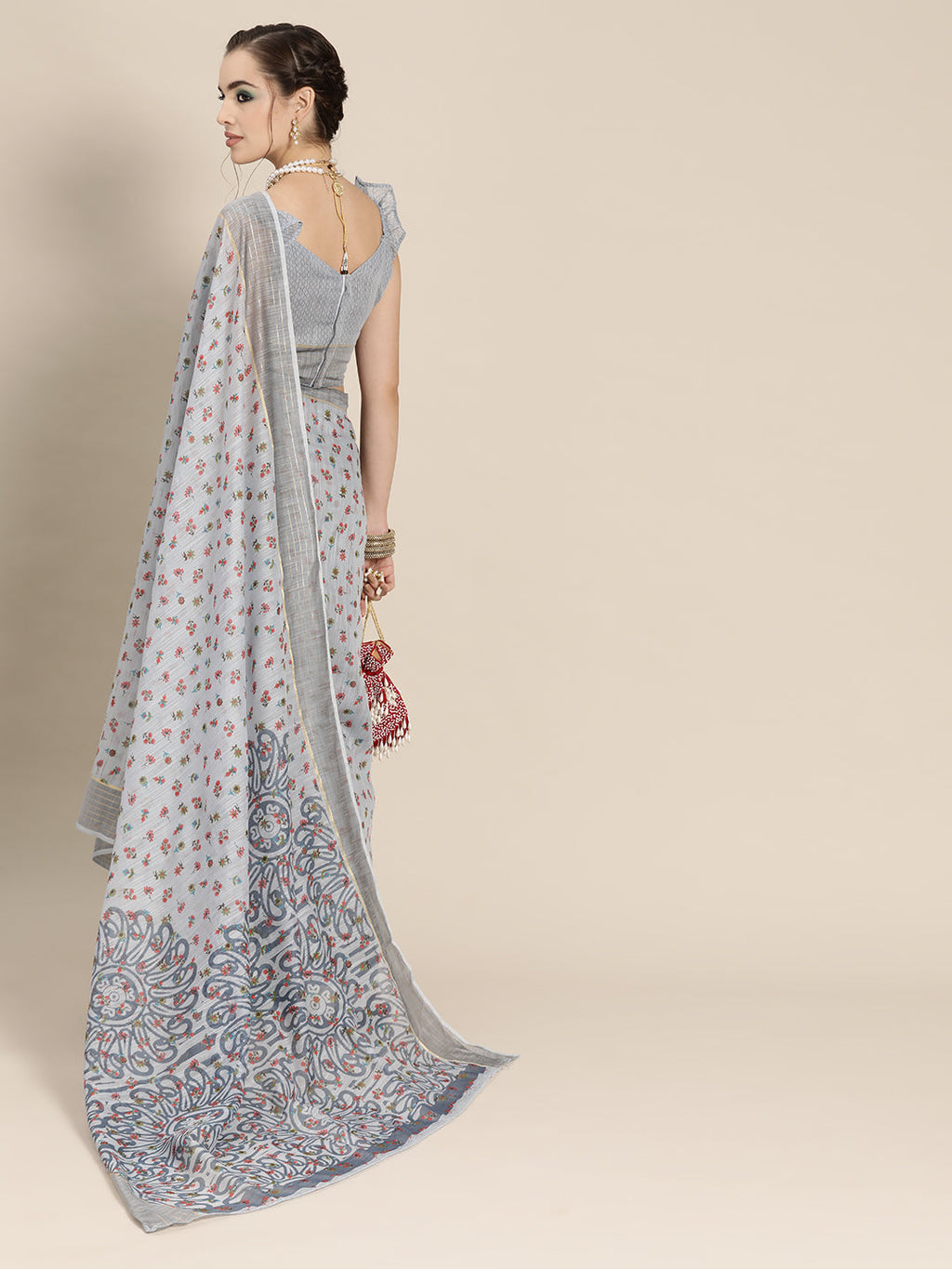 Saree Mall Grey & Maroon Floral Linen Blend Chanderi Saree
