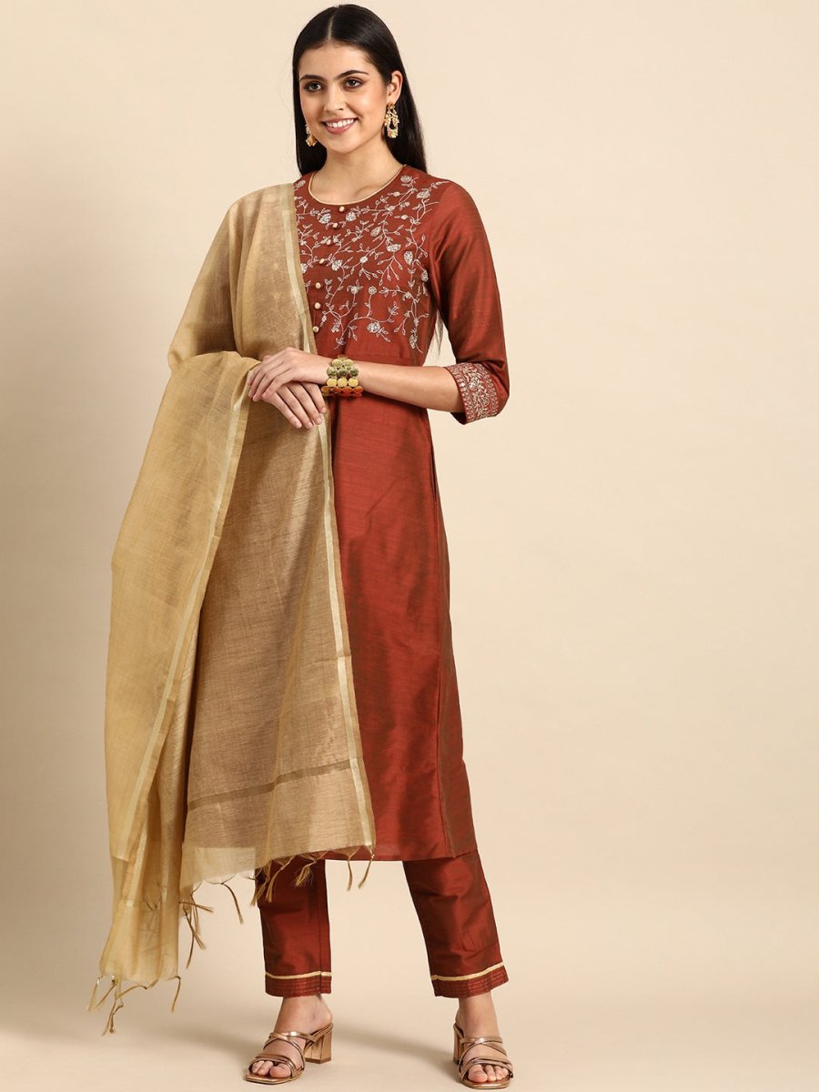 All About You Women Rust Embroidered Kurta with Trousers & Dupatta