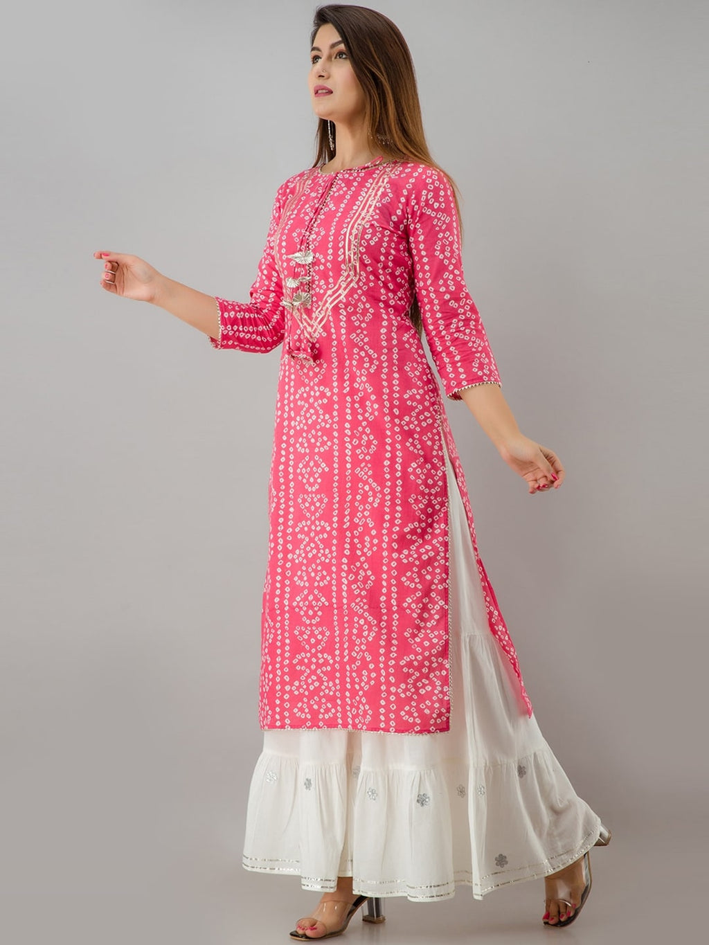 HERE&NOW Pink Bandhani Printed Gotta Patti Regular Kurta with Sharara