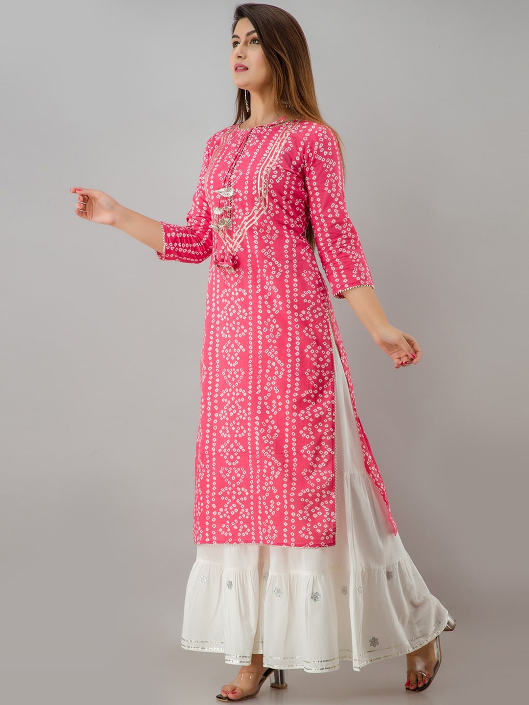 HERE&NOW Pink Bandhani Printed Gotta Patti Regular Kurta with Sharara