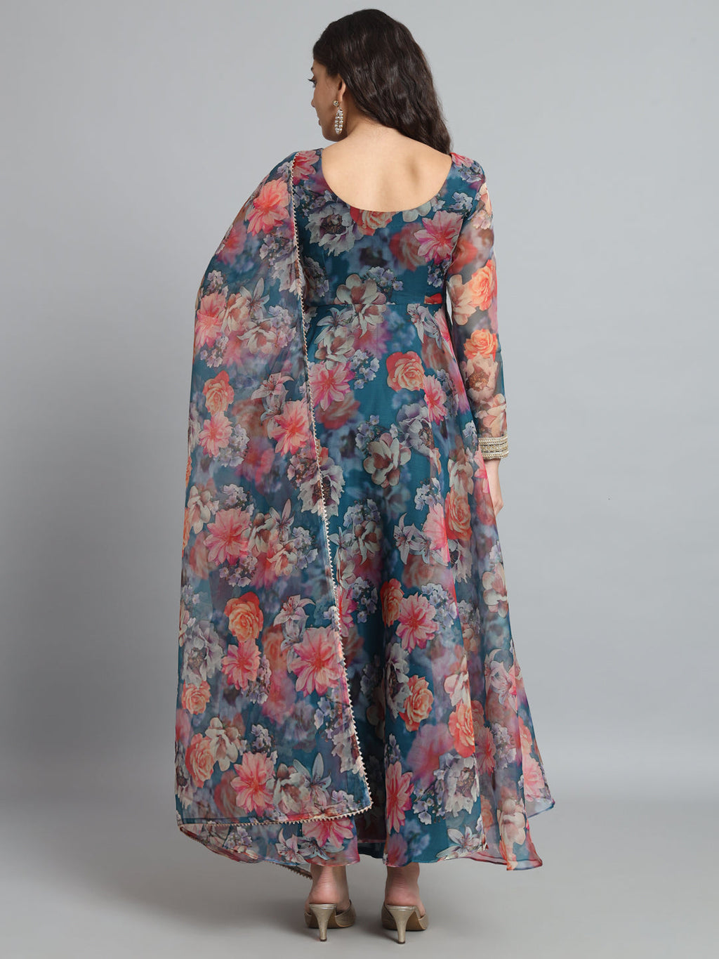 Fab Fashion Organza Floral Blue Gota Anarkali