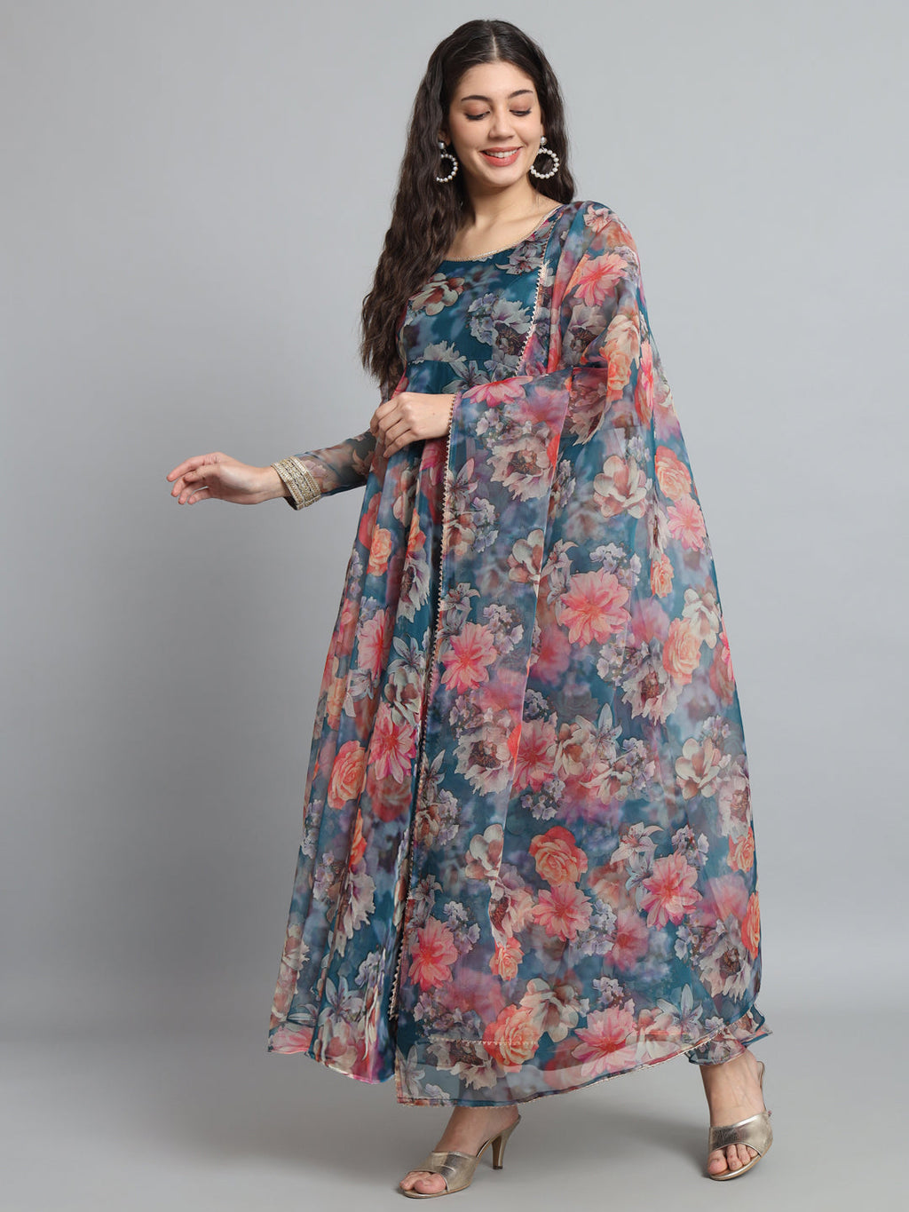 Fab Fashion Organza Floral Blue Gota Anarkali
