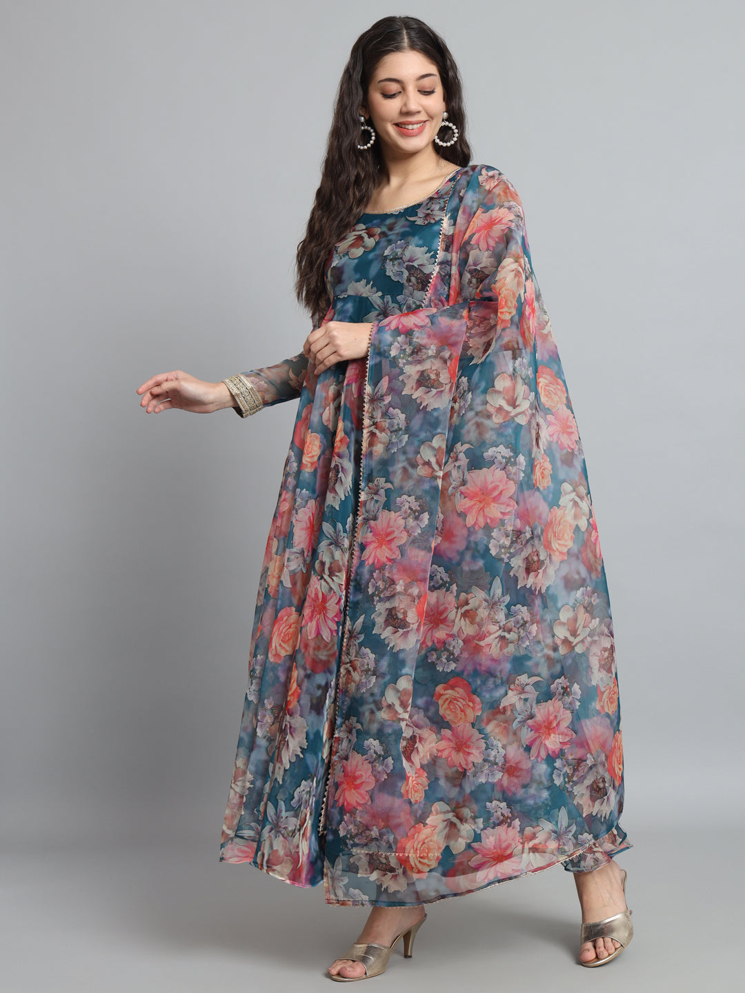 Fab Fashion Organza Floral Blue Gota Anarkali