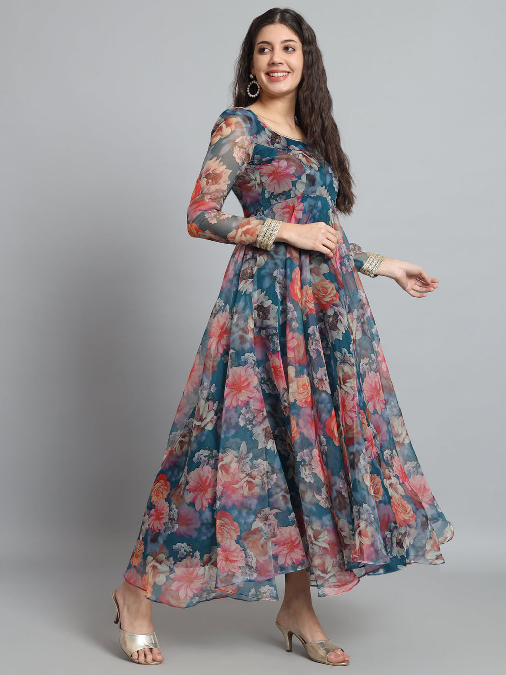 Fab Fashion Organza Floral Blue Gota Anarkali