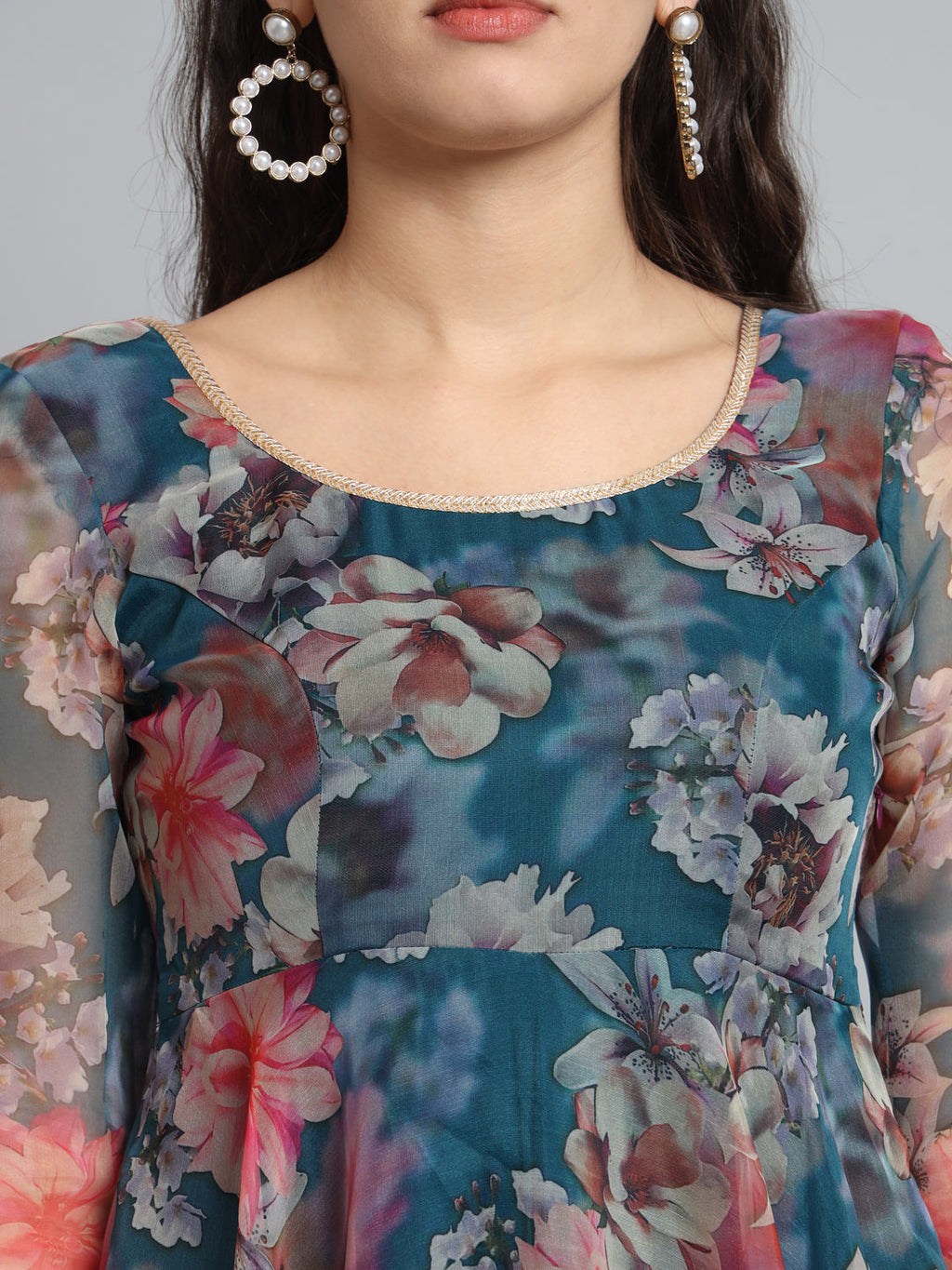 Fab Fashion Organza Floral Blue Gota Anarkali