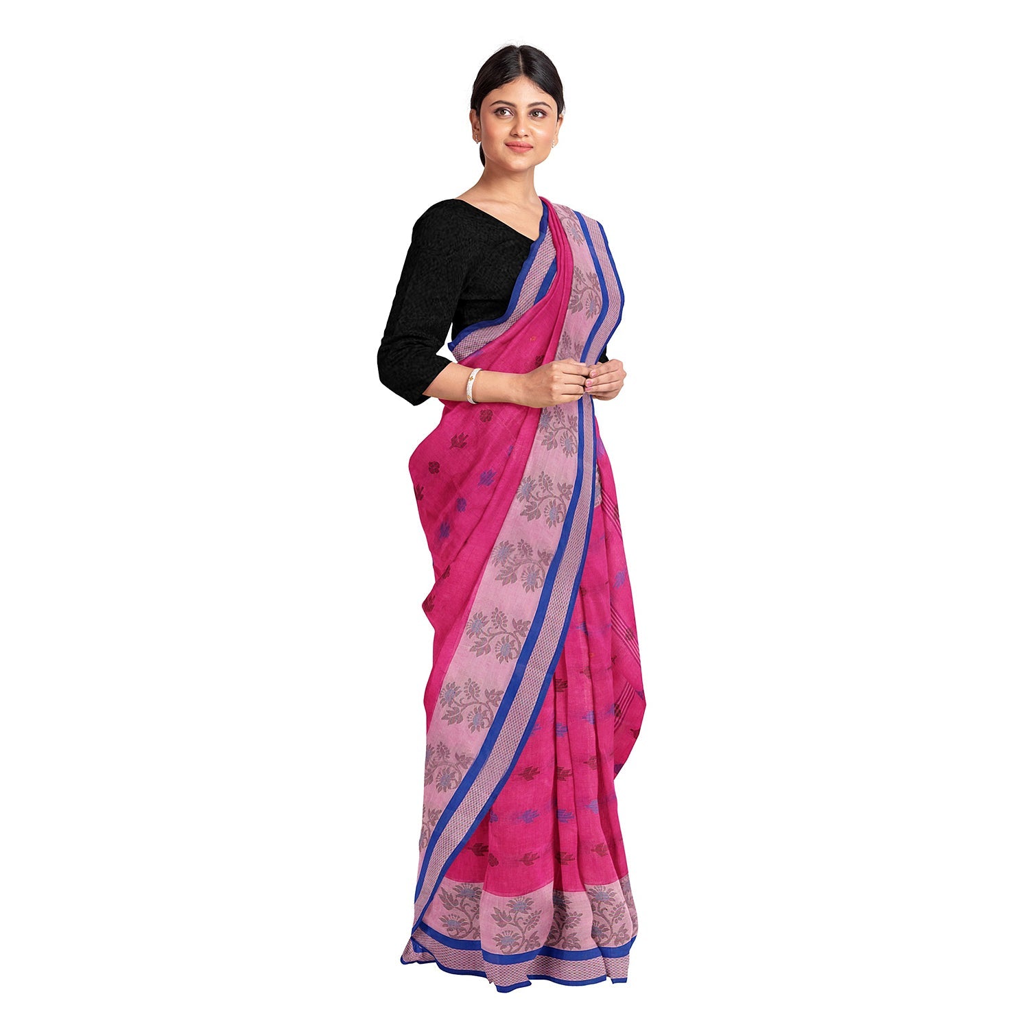 Exclusive Collection 100% Pure Cotton Magenta Tant Saree With Hand Weaving Work